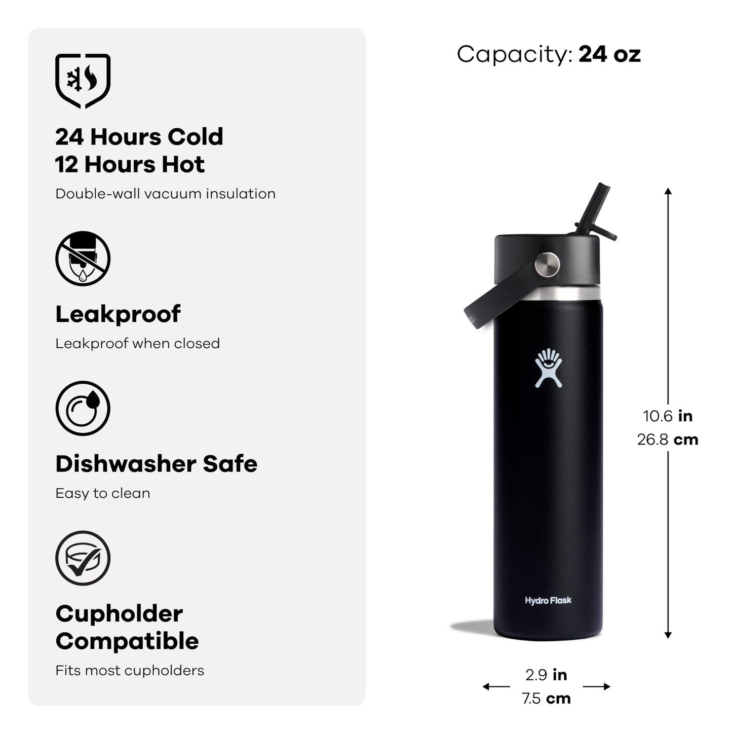 Hydro Flask Water Bottle - Insulated Stainless Steel - Wide Straw Lid, Non Spill, Leakproof in 24 Oz White