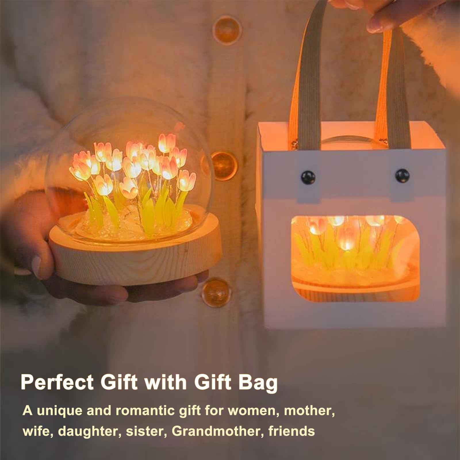 Tulip Night Light Cordless, Birthday Flower Gifts for Her - Small Flower Lamp with Glass Cover, Wooden Base and Gift Bag -Cute Romantic Home Decor for Mom, Grandmother, Wife, Girlfriend, Sister, Women