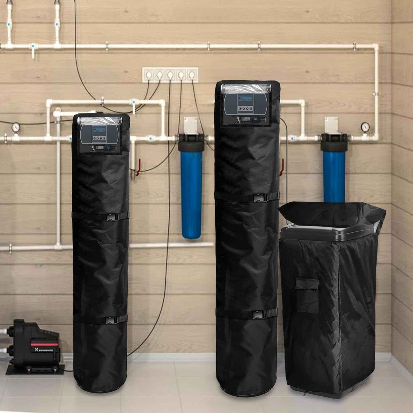 Bitubi Water Softener System Cover Outdoor for PRO+AQUA Water Softener System, 2Pcs Softener Tank/Filter Cover + 1Pcs Brine Tank Cover, All Weather Protection, Black