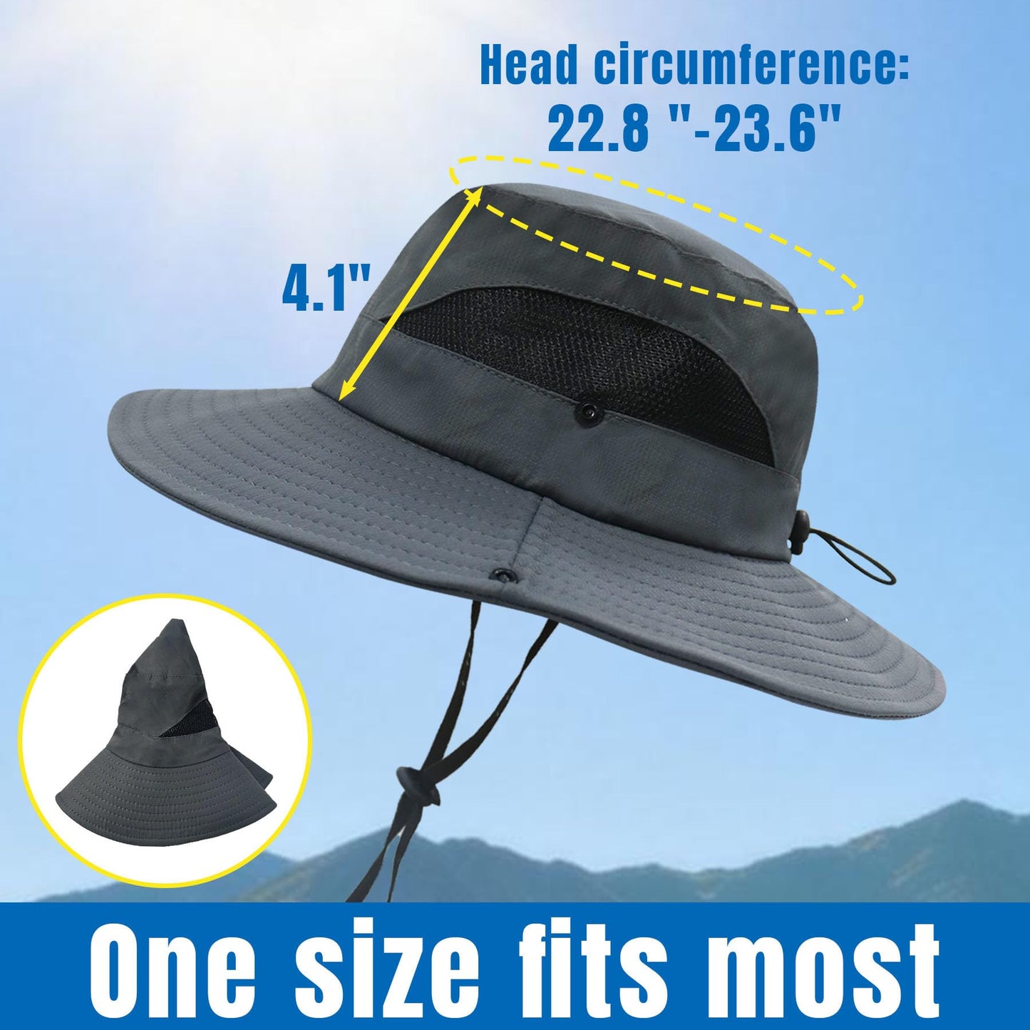 NPJY Sun Bucket Hats Wide Brim Fishing Hat UPF 50+ Beach Outdoor Hiking Hats Black