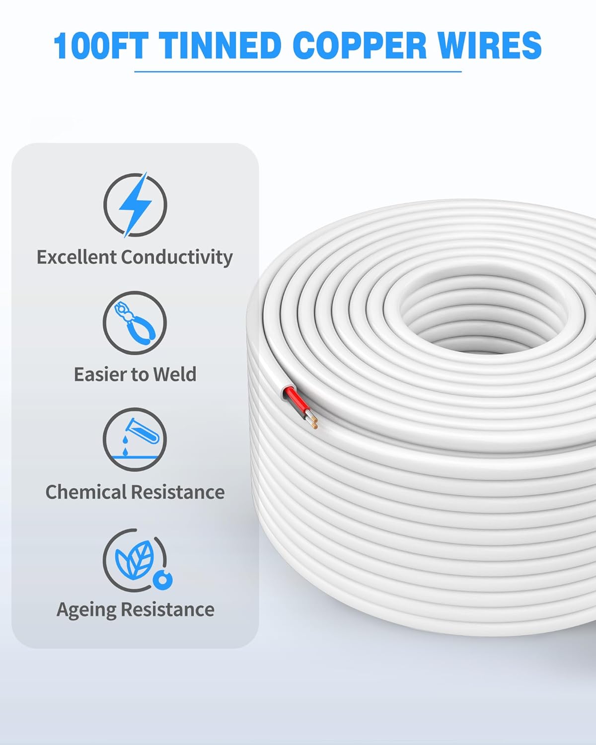 NAOVEO 18 Gauge Stranded PVC Tinned Copper Wire - Flexible Low Voltage Automotive Wiring (100FT)
