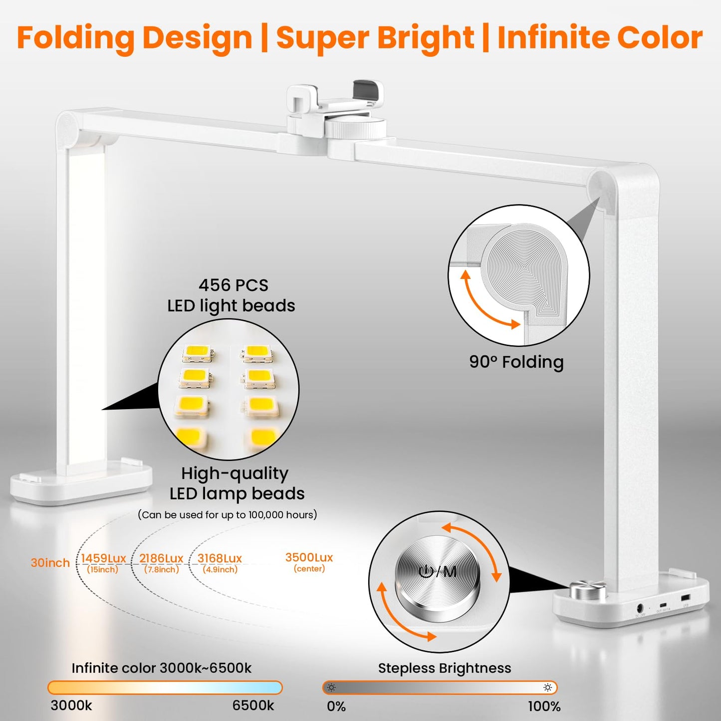 TiInsta Nail Light for Desk,34 Inch 48W Half Moon Light-Adjustable 3000K-6000K Color Temp, 0-100% Brightness,Nails lamp with Phone Stand,for Nails Art,Tattoo,Eyebrow,Beauty,Reading,Salon