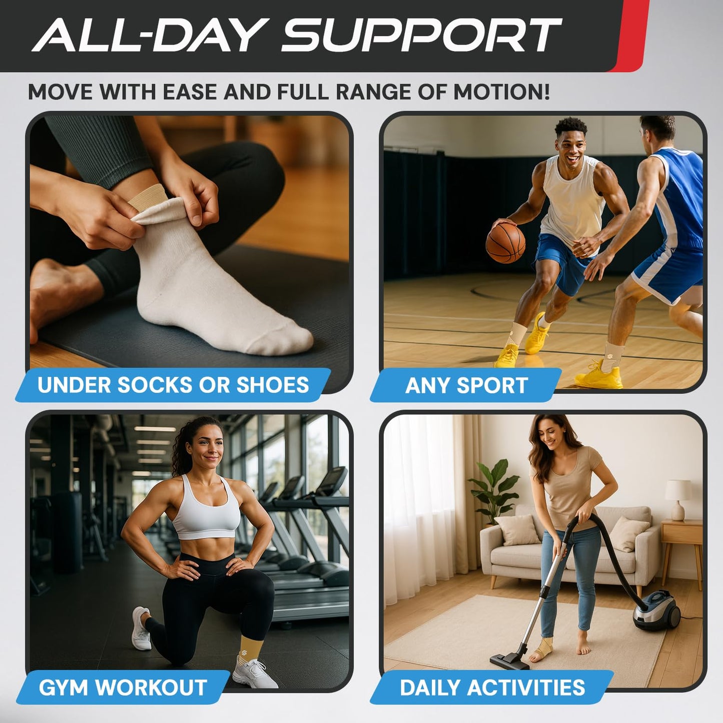 Sleeve Stars Ankle Brace for Women & Men, Ankle Wrap for Sprain, Compression Sleeve for Plantar Fasciitis Relief, Easy Customizable Support: w/ Removable Strap (Pair/M:10"-12"/Beige)