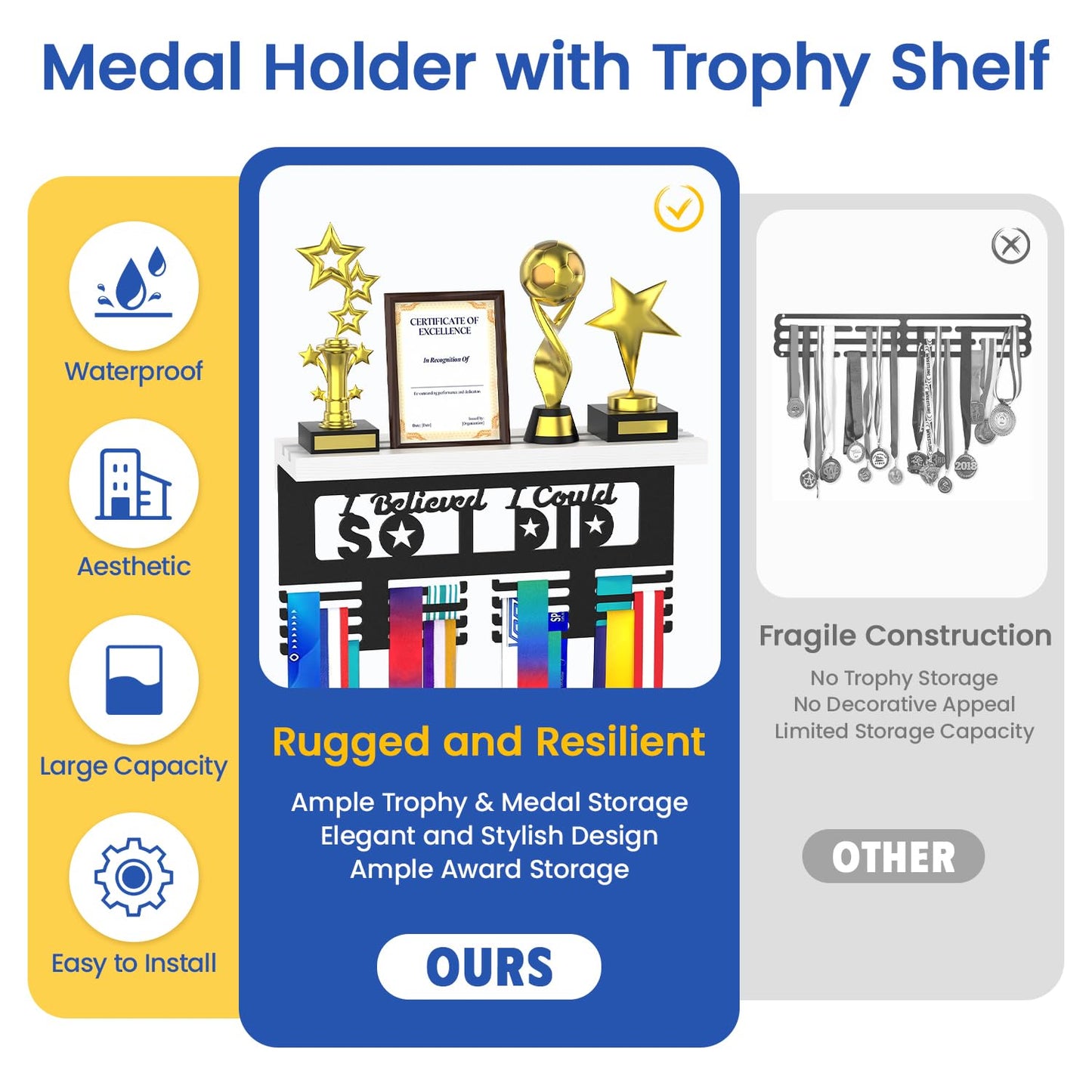 DSVENROLY Medal Hanger Display, Trophy Shelf, 16 Metal Hooks, Black & White