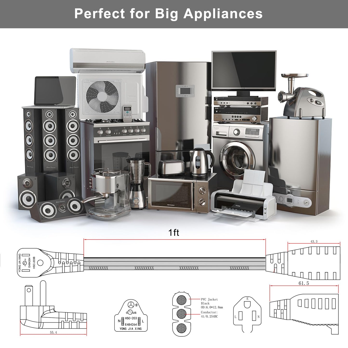 KUNCAN Appliance Power Extension Cord - 3 Prong Flat Wire SPT-3 14 AWG Heavy Duty Male to Female Extender Low Profile Grounded Cable for Major AC Unit, Air Conditioner, Refrigerator (1 Feet)