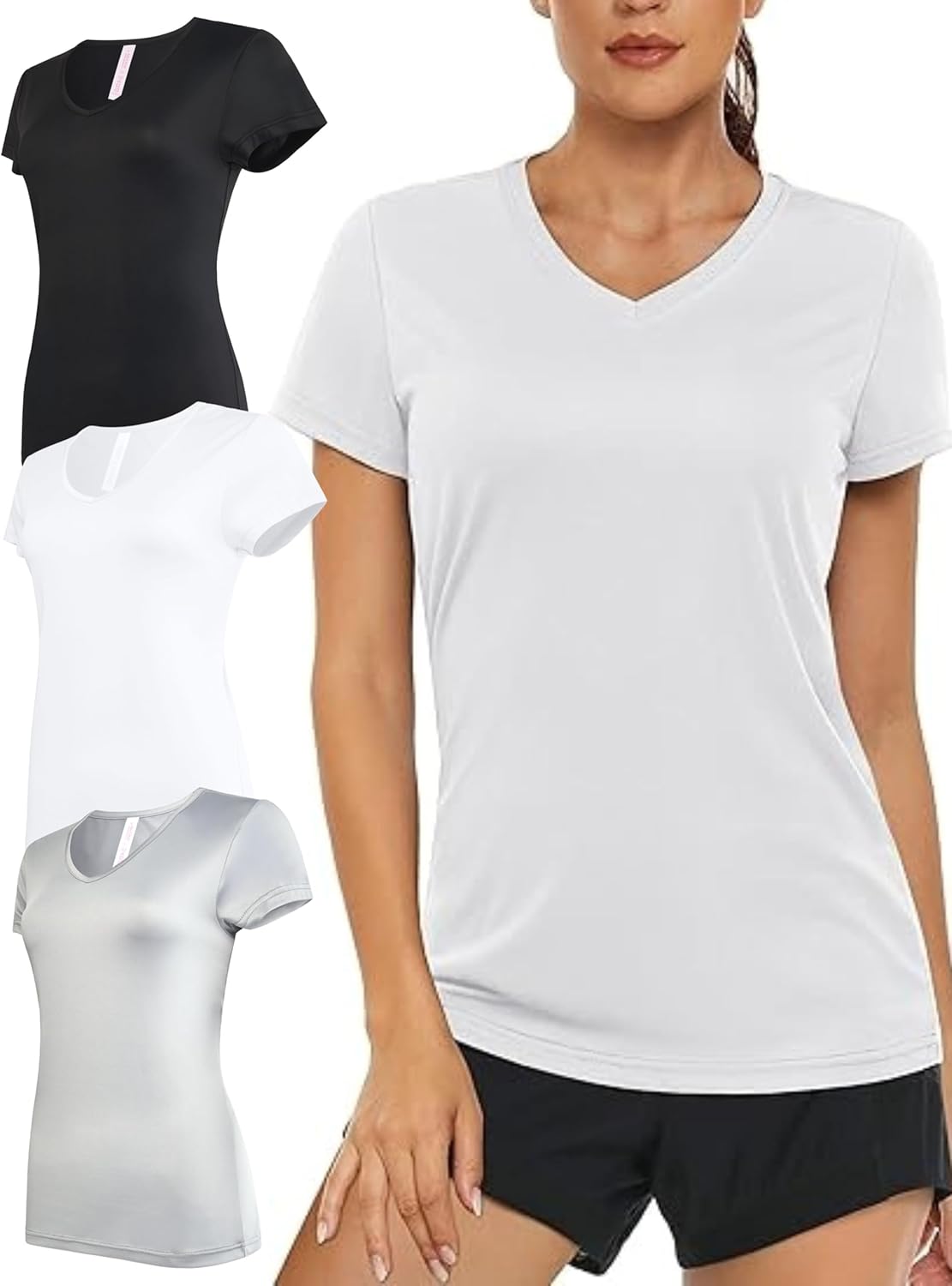 Skiennix Women's V-Neck Activewear T-Shirts - 3 Pack Short Sleeve Workout Tops for Gym & Yoga