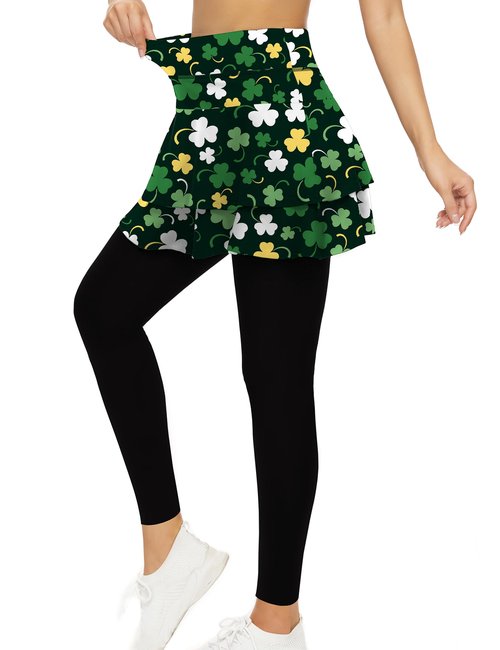 Tennis Skirted Leggings with Pockets for Women Golf Skapri Leggings with Skirt (M, 2-Layer St-Patricks Day)