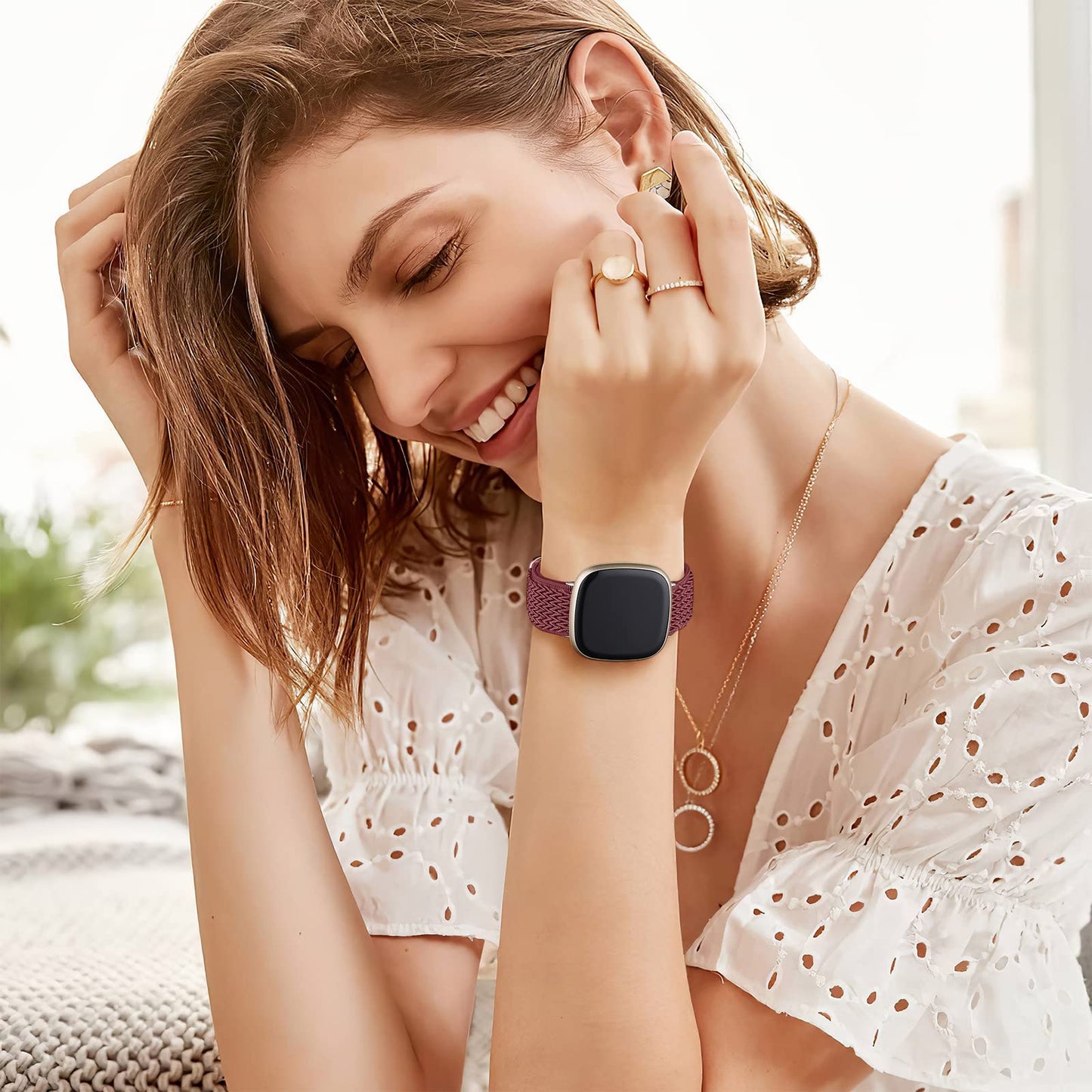 Ouwegaga Elastic Band Compatible with Fitbit Versa 4 Bands/Sense 2/Sense/Versa 3 Bands for Women Men, Adjustable Stretchy Nylon Solo Loop Sport Strap Compatible with Fitbit Smartwatch, 6 Packs