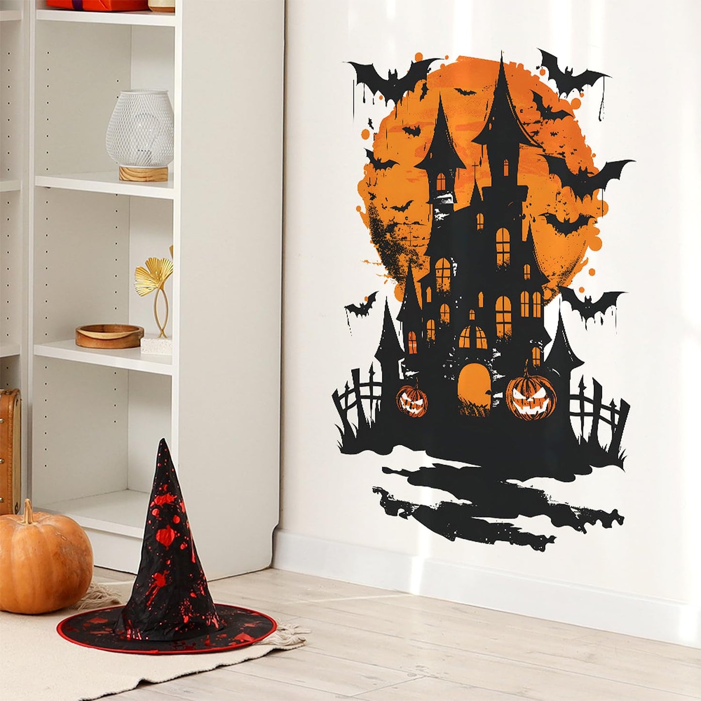 DRWSSR 2 Sheets Halloween Wall Stickers: Removable Bats Moon Pumpkin Wall Art DecalStickers - Peel & Stick for Indoor DIY Wall Art