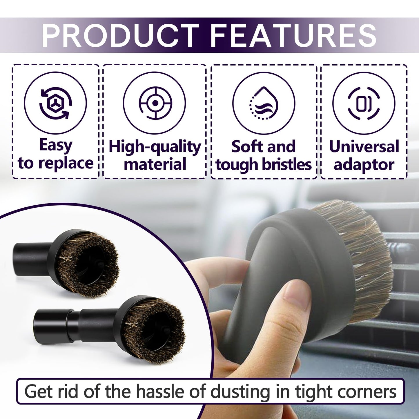3PCS Horse Hair Brush Vacuum Attachment Set - Black Round Horse Hair Vacuum Attachments & Brushes - Shop Vac Brush Attachment for Most Vacuum Cleaners Accessories - 1 1/4" Vacuum Attachments Included