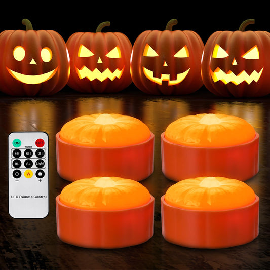 Cosyiker 4-Pack Halloween LED Pumpkin Lights with Remote and Timer, Bright/Flickering Battery Operated Jack-O-Lantern Orange/White Halloween Decor Flameless Candles for Pumpkin Decorations