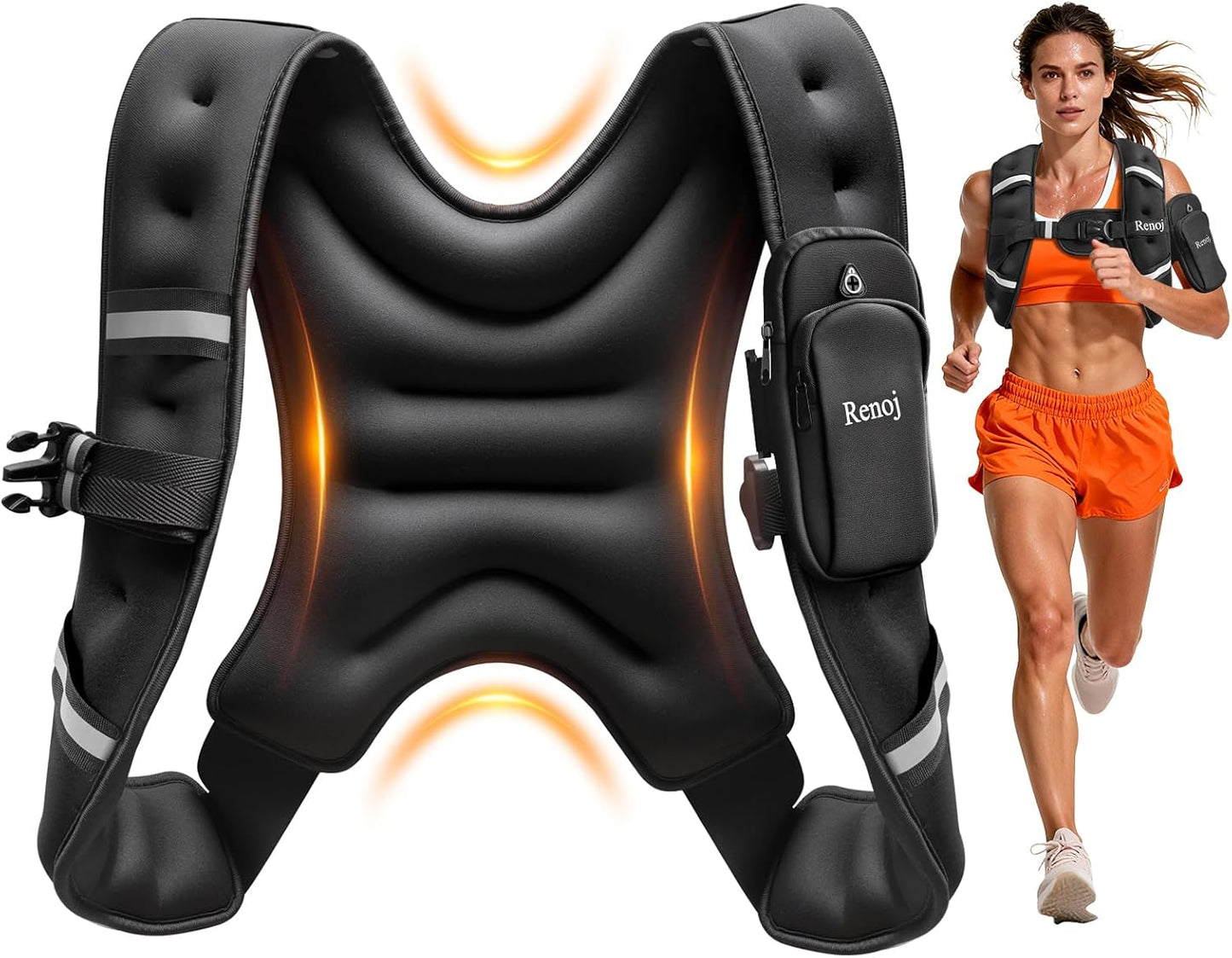 Renoj Weighted Vest - Adjustable Weights for Walking & Running | Reflective Strips & Storage Pocket, 6-20 lbs