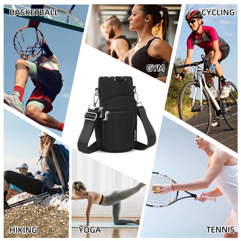 Rueesh Women Water Bottle Holder Bag with Adjustable Strap, Insulated Water Bottle Carrier RFID Crossbody Sling Bag for Hiking Walking Gym Travel,Black