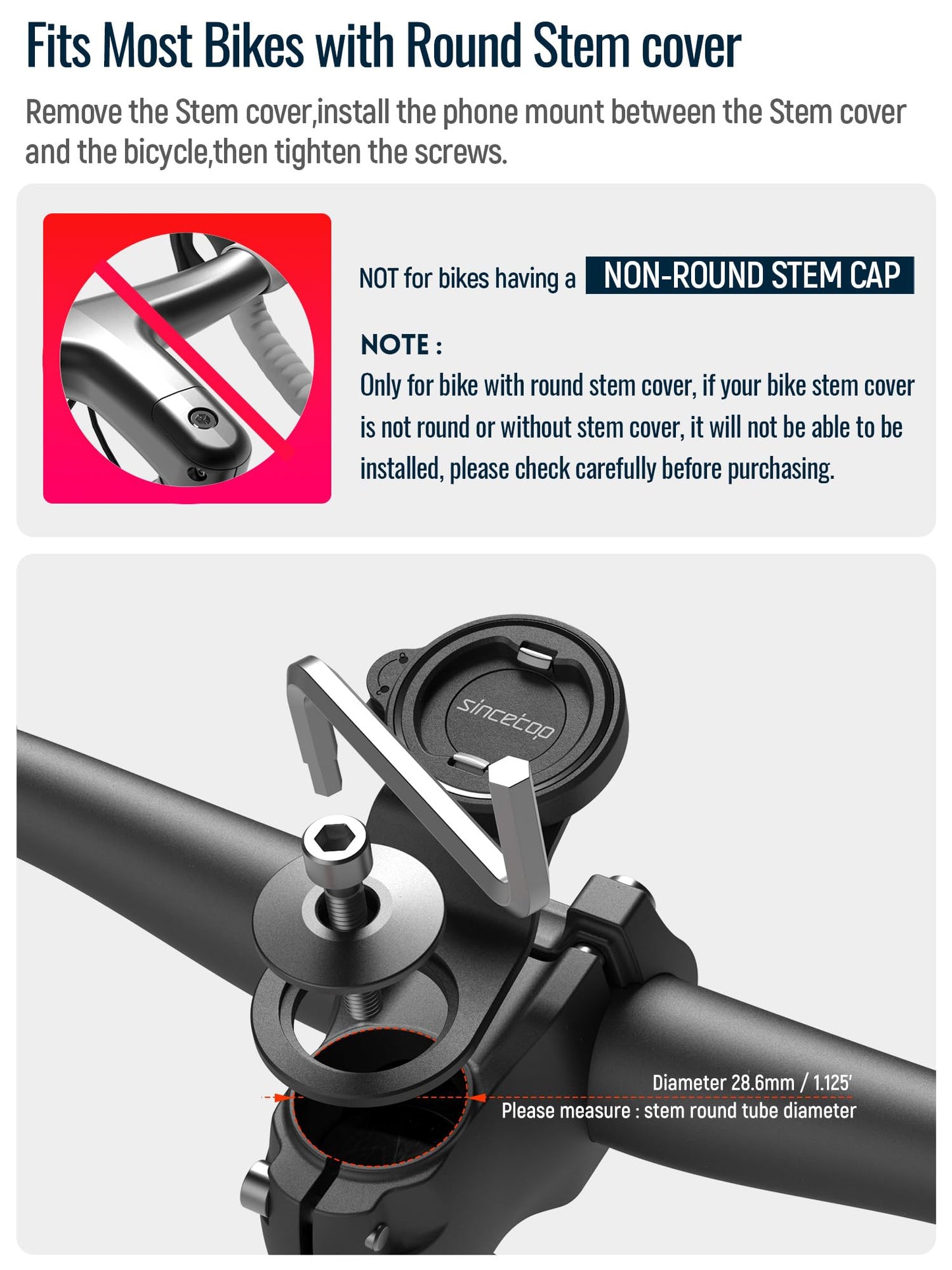 sincetop Bike Phone Mount,Mountain Bicycle Stem Phone Holder-Aluminum Handlebar Mini Phone Clip,Gravel/MTB/Road EBike Cycling Cell Phone Clamp,Quick Release Attach/Detach-Black【Series C-1st Gen】