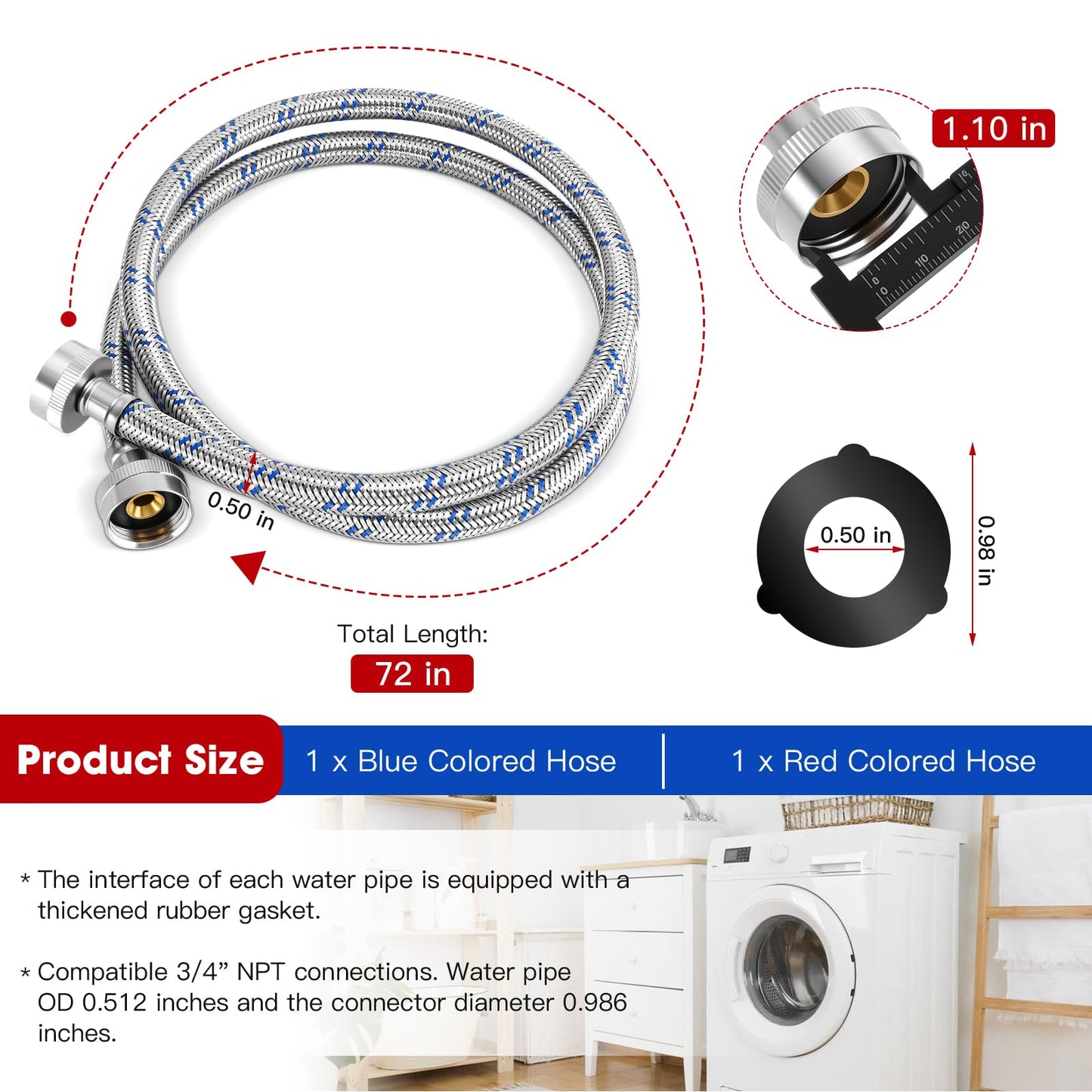 Gecyfit 4 FT Washing Machine Hoses, 2 Pack Premium Stainless Steel Washer Hose, Explosion-Proof Durable Hot & Cold Water Supply Lines, Perfect Fit Washer Connection Hoses for All Washing Machines