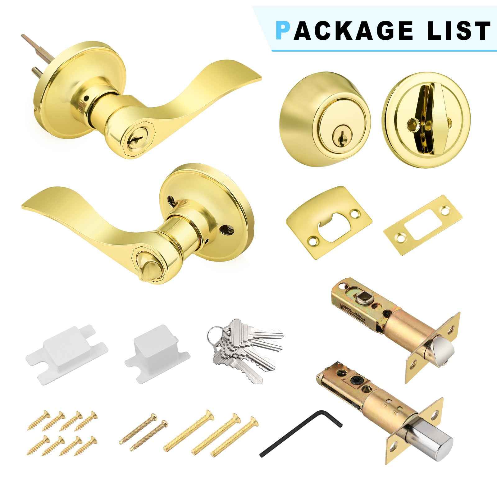 Brotima 3 Pack Keyed Alike Lever Set with Single Cylinder Deadbolt, Reversible Wave Style Polished Brass Lockset, Lever Door Handle with Key and Lock for Bedroom, Front Door