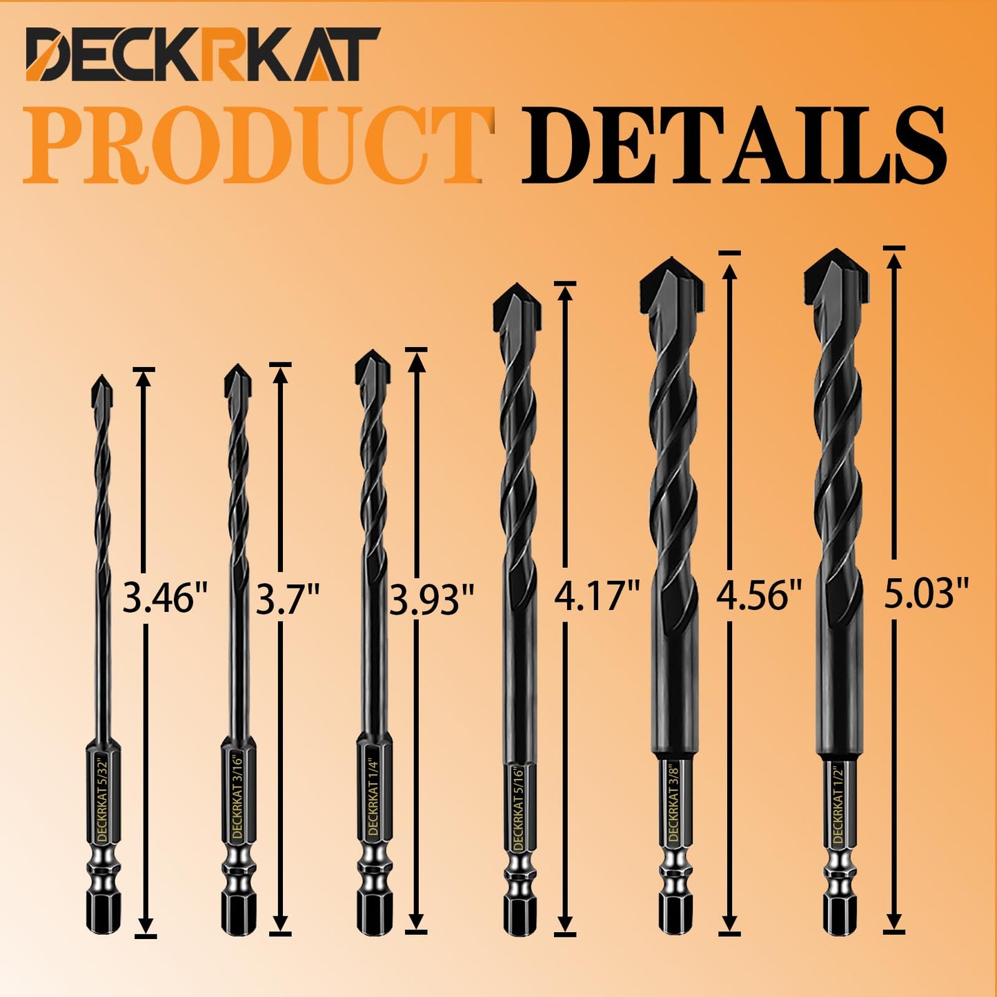 DECKRKAT 6-Piece Black Masonry Drill Bit Set for Concrete, Brick, Tile - Carbide Tipped, Quick Change 1/4" Hex Shank (5/32",3/16",1/4",5/16",3/8",1/2") w/Storage Case