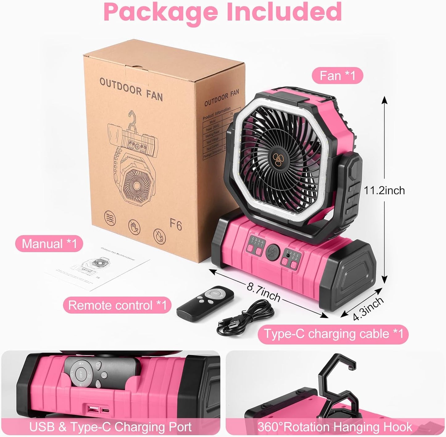 Odoland 30000mAh Camping Fan - Rechargeable LED Lantern with Remote, Oscillating Design, Pink