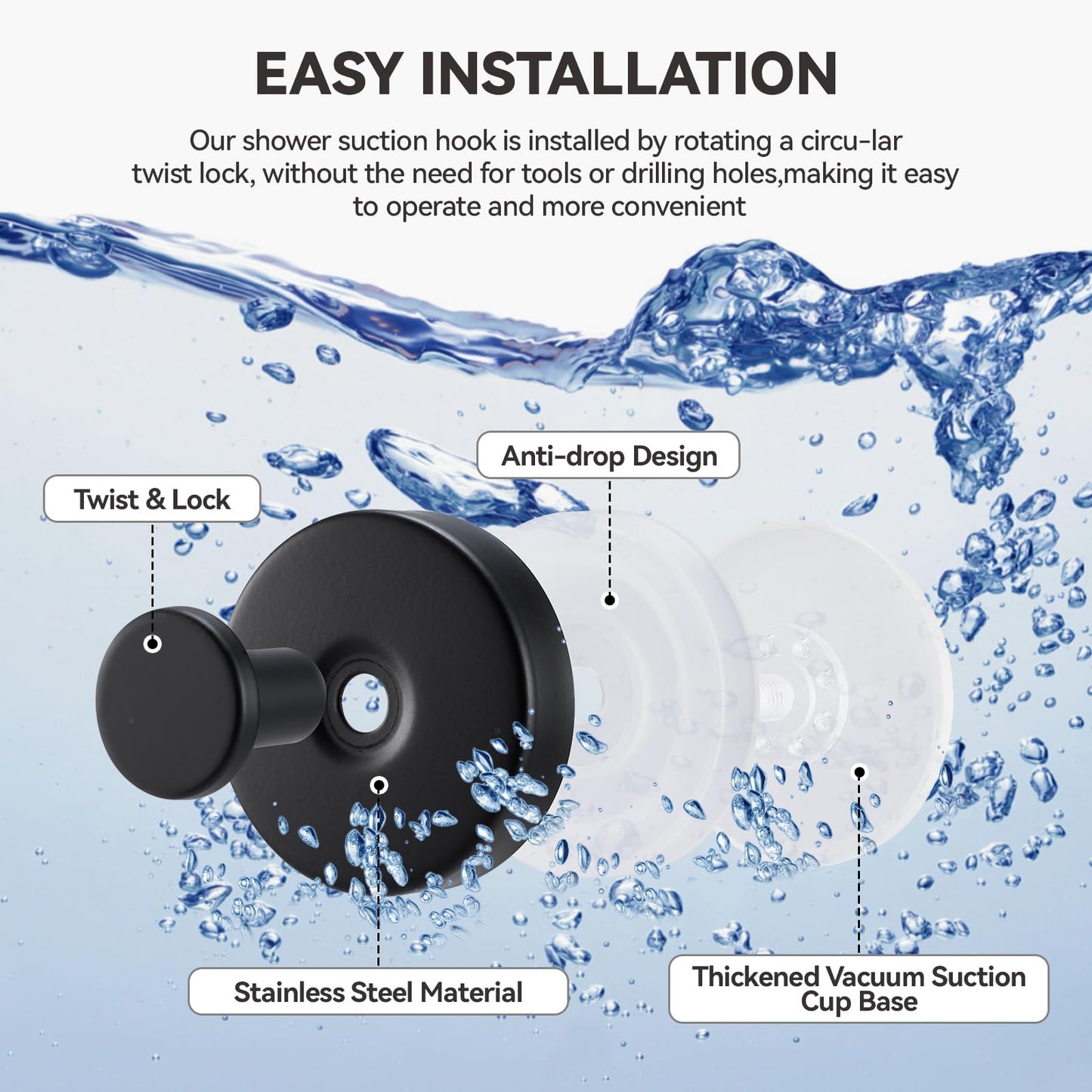 4 PCS Suction Cup Hooks for Shower, Stainless Steel No Drill Towel Hooks, Reusable Sticky Silicone Base for Bathroom Wall, Glass, Mirror, Tile to Hang Loofahs, Robes (Matt Black)