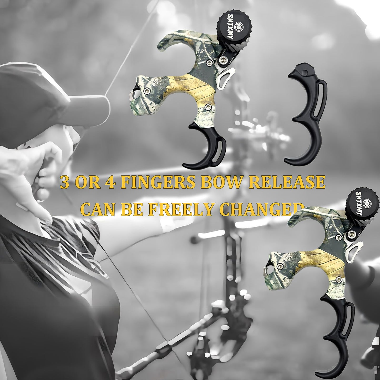 sntxmy Bow Release for Compound Bow, Archery Release Aids, Compound Bow Trigger Release, Button Thumb Release. (3 or 4 Finger Bow Release, Dark Camo)