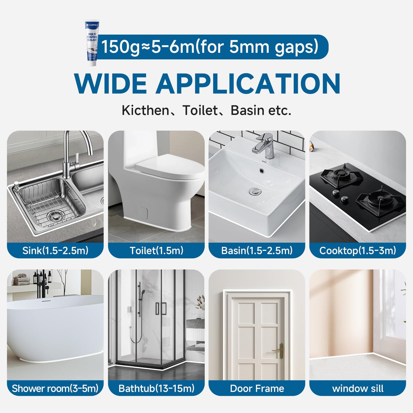 CARPOLY Silicone Caulk for Kitchen & Bathroom, Waterproof White Caulk for Sink, Toilets, Windows, Doors, Strong Adhesion, Shrink & Crack Proof,Long-Lasting(White, 5.29oz)