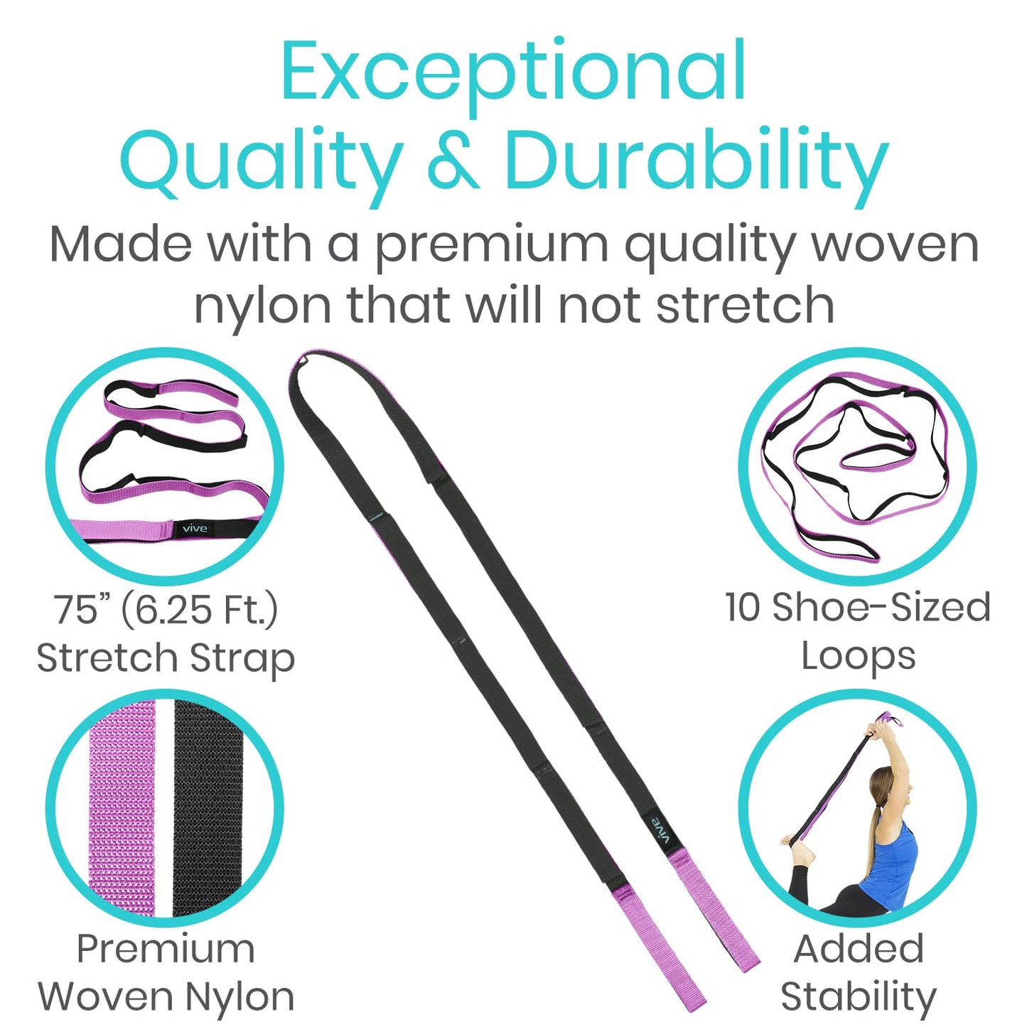 Vive Stretch Strap (75" - 10 Loops) - Leg Stretch Band to Improve Flexibility - Stretching Out Yoga Strap - Exercise and Physical Therapy Belt for Rehab, Pilates and Gymnastics with Guide Book