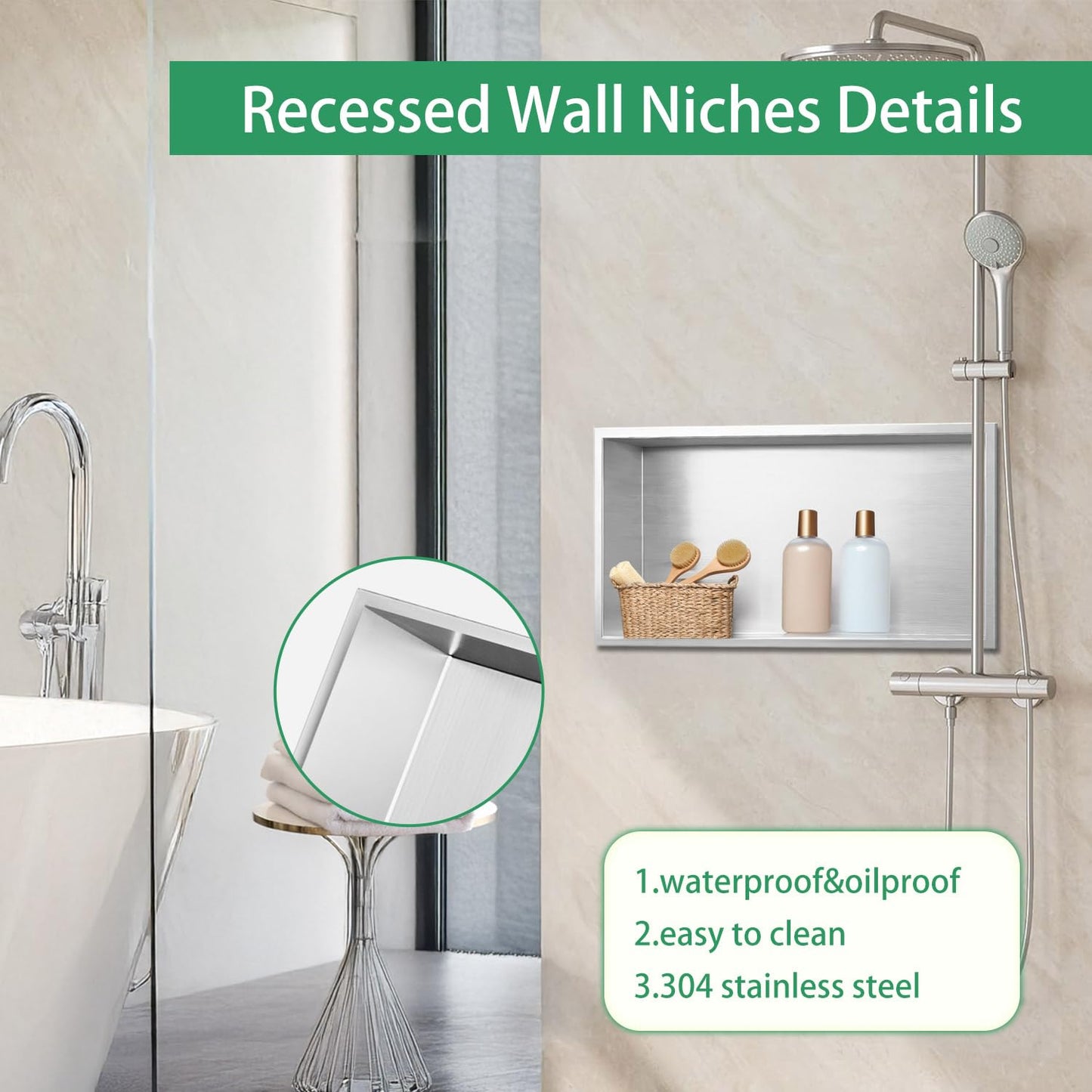 SaniteModar Shower Niche, Stainless Steel Shower Niche 12" X 24" No Tile Needed, Recessed for Bathroom Storage, Brushed Silver (Brushed Silver, 12x24)