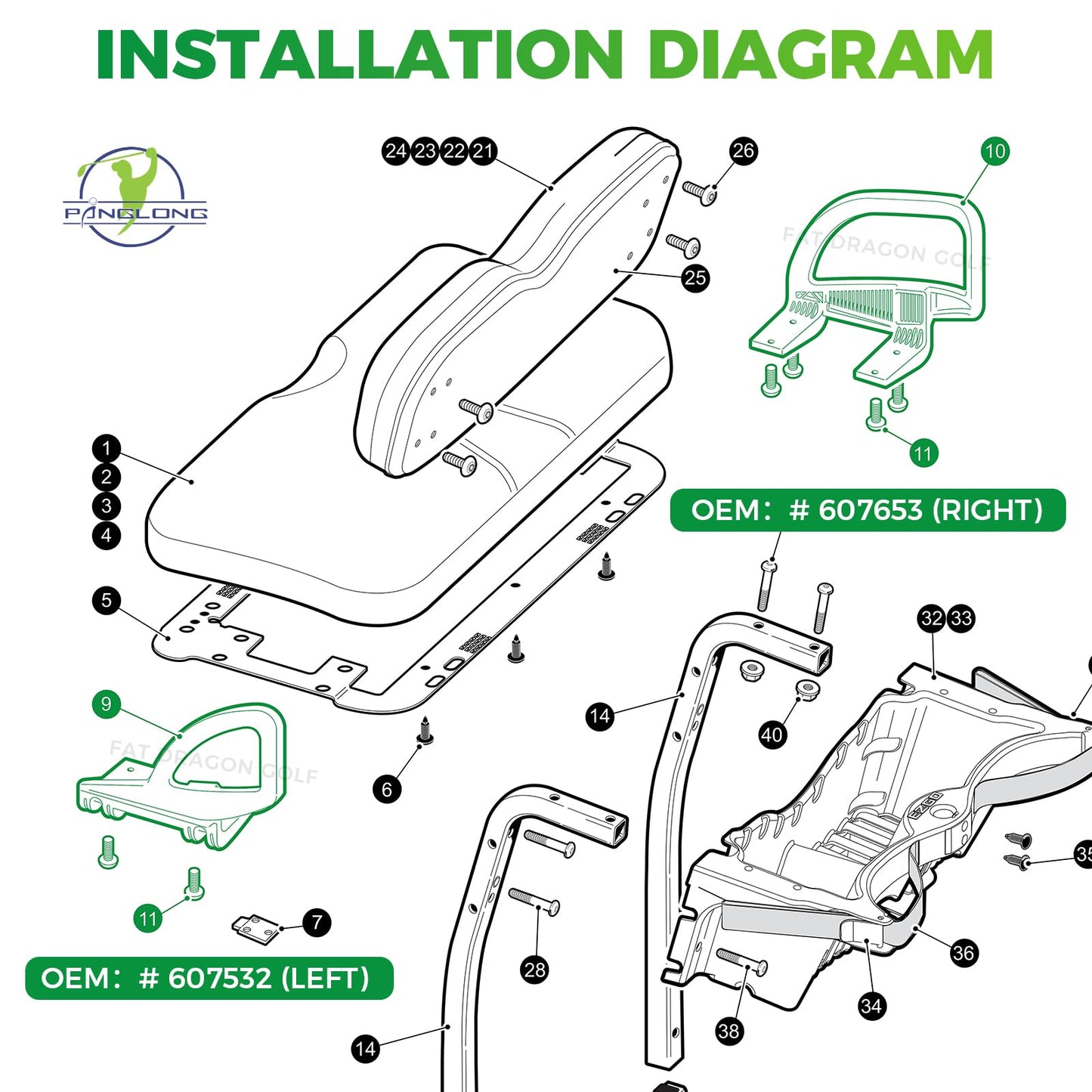 Panglong Golf Cart Arm Rest Hip Restraint, EZGO Seat Handle Kit Suitable for 2008-Up EZGO RXV Golf Cart Driver and Passenger Side, OEM# 607653 607532
