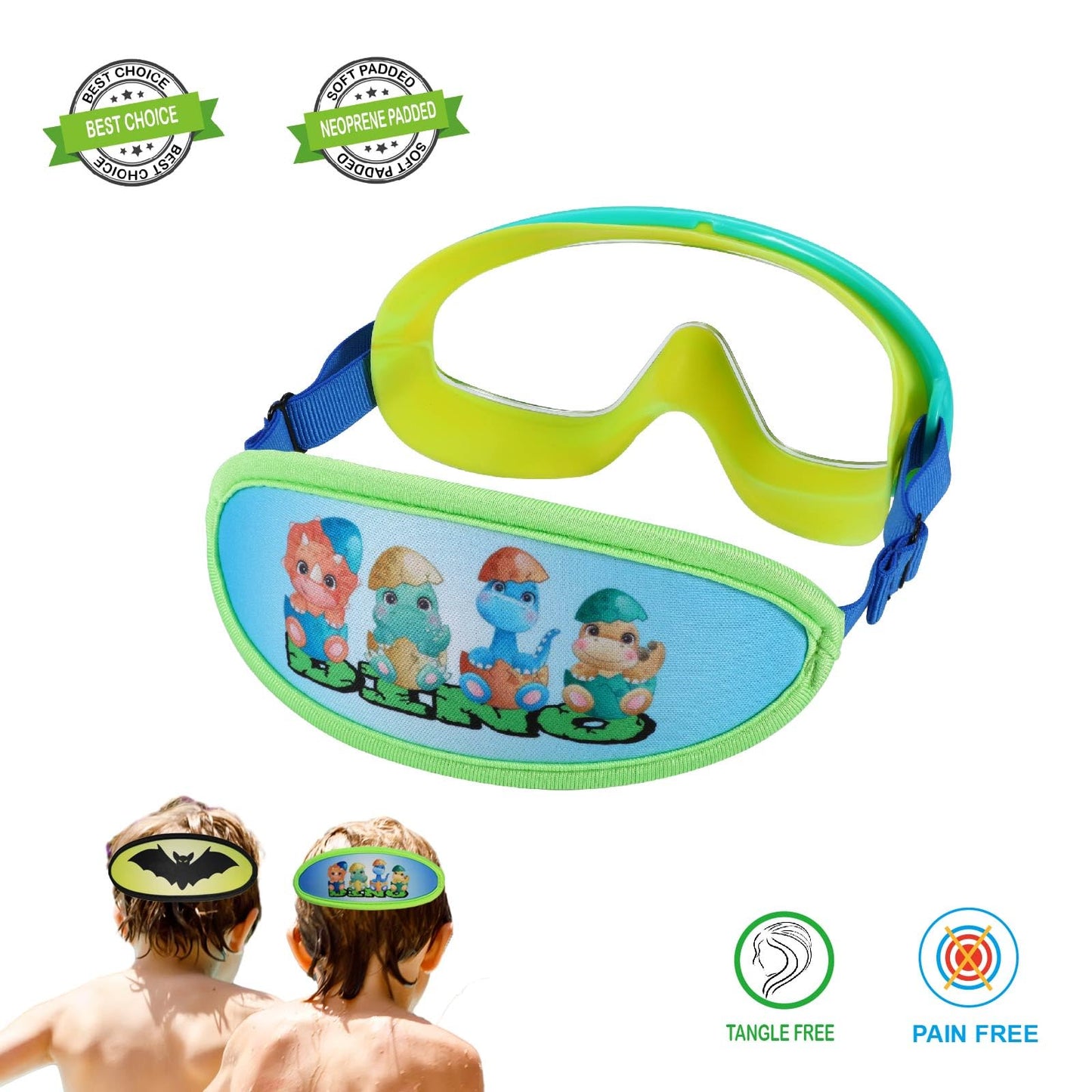 RUIGAO Kid Swim Goggles,Kids Goggles Fabric Strap,Dino Green Swimming Goggles for Kids/Toddlers 3-8