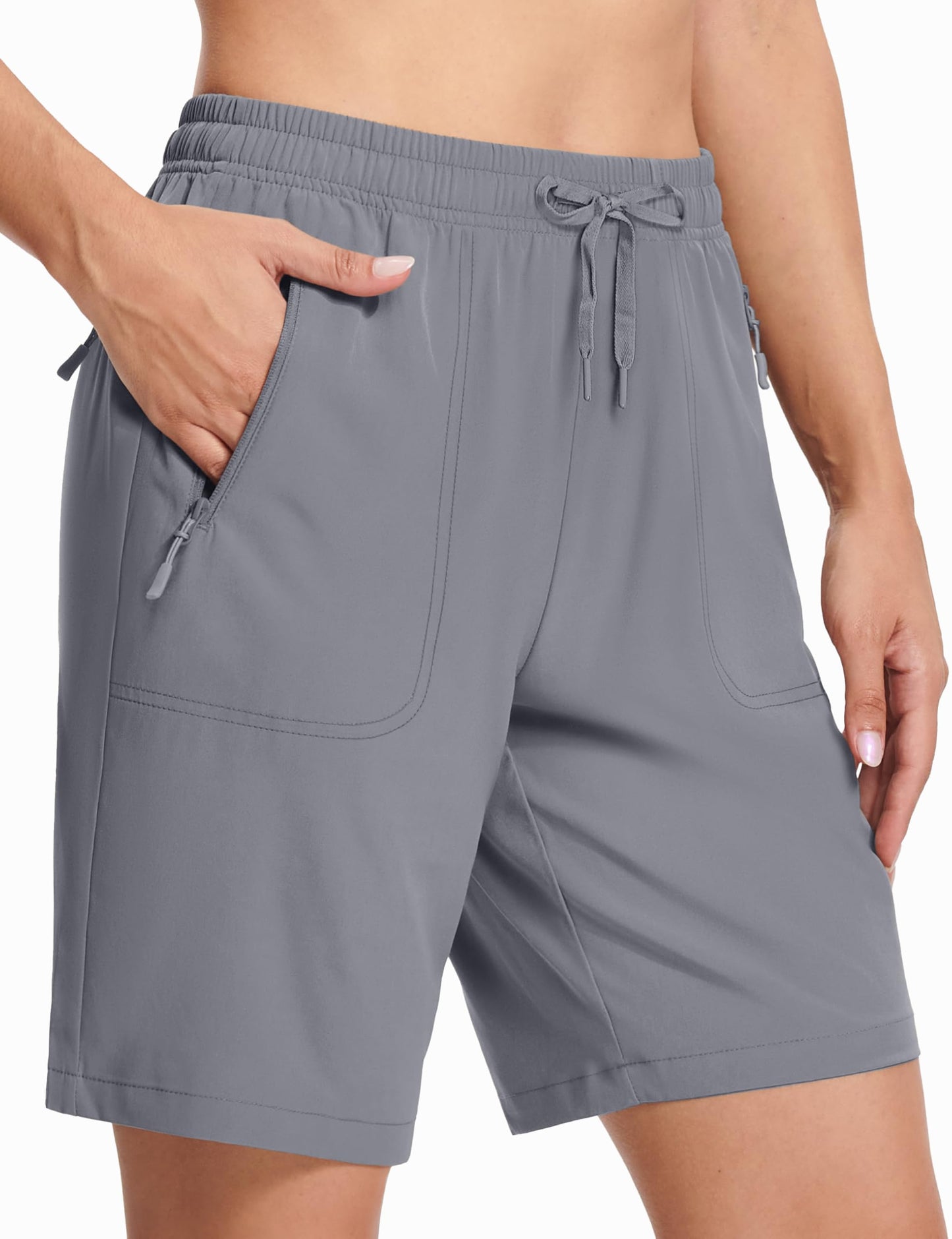 MAGCOMSEN Lightweight Hiking Shorts for Women 8" with Zipper Pockets Quick Dry Running Shorts Light Grey 2XL