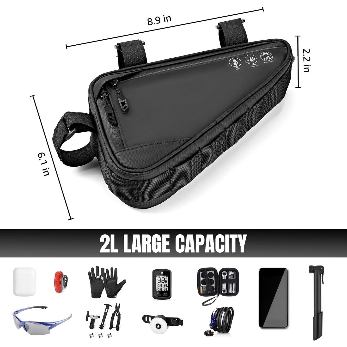 WOTOW Bike Frame Storage Bag, Water Resistant Reflective Bicycle Triangle Bag with Two Side Pockets, Strap-On Under Seat Tool Accessories Pouch for Mountain Road Bike Trip (2L)