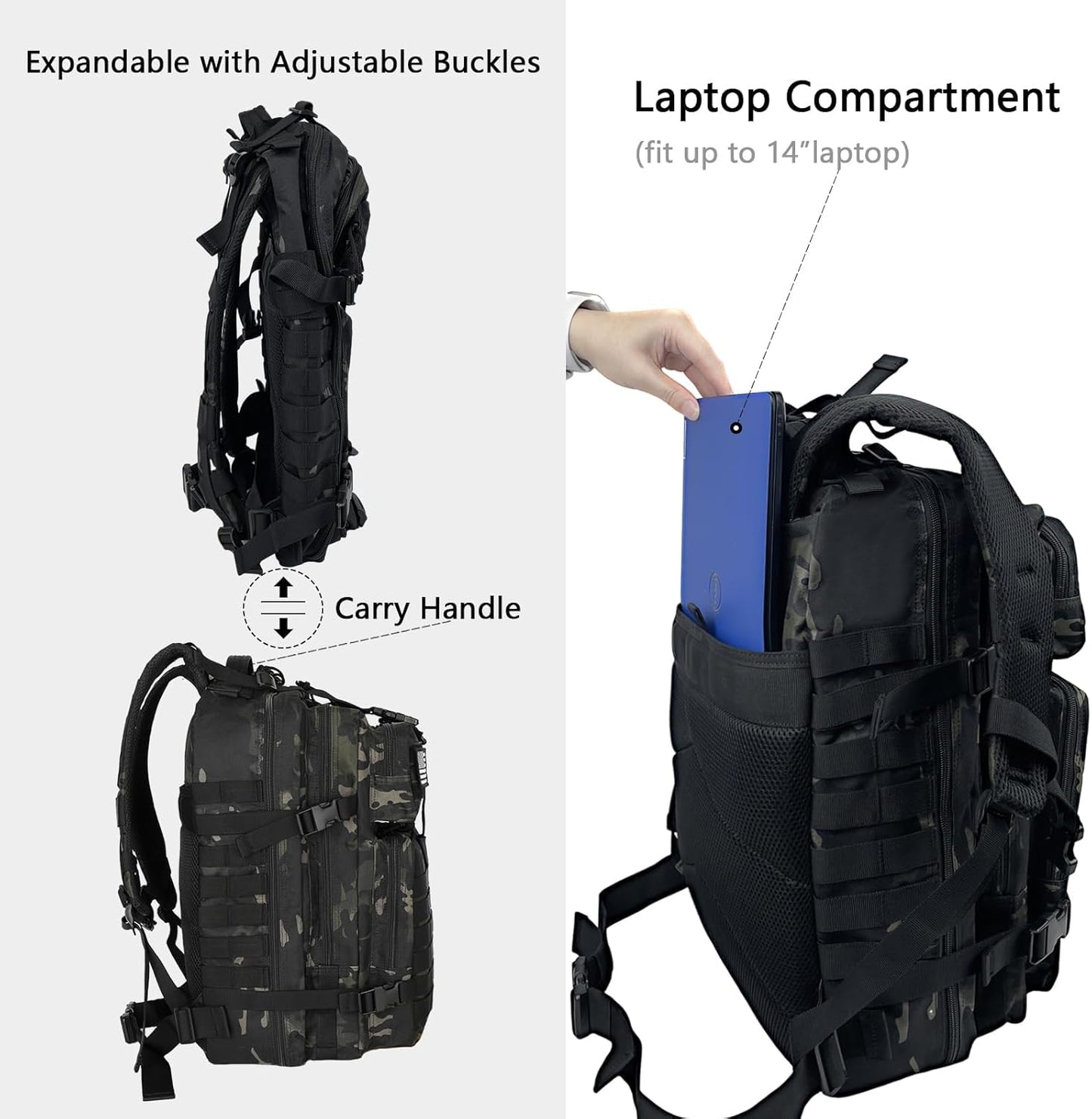 WOLT Military Tactical Backpack - 45L Molle Assault Pack for Men | Heavy-Duty Rucksack in Camouflage Black