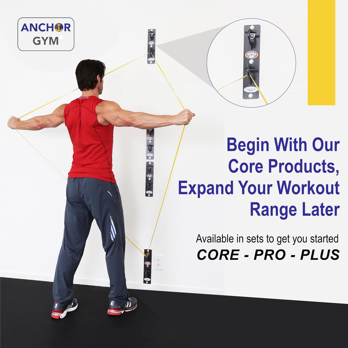 Anchor Gym Core Station - Wall Mount Workout Anchors for Resistance Band, Three Units with Two Hooks for Exercise Bands, Body Weight Straps, Strength Training - (Wood Mounting Screws Included)