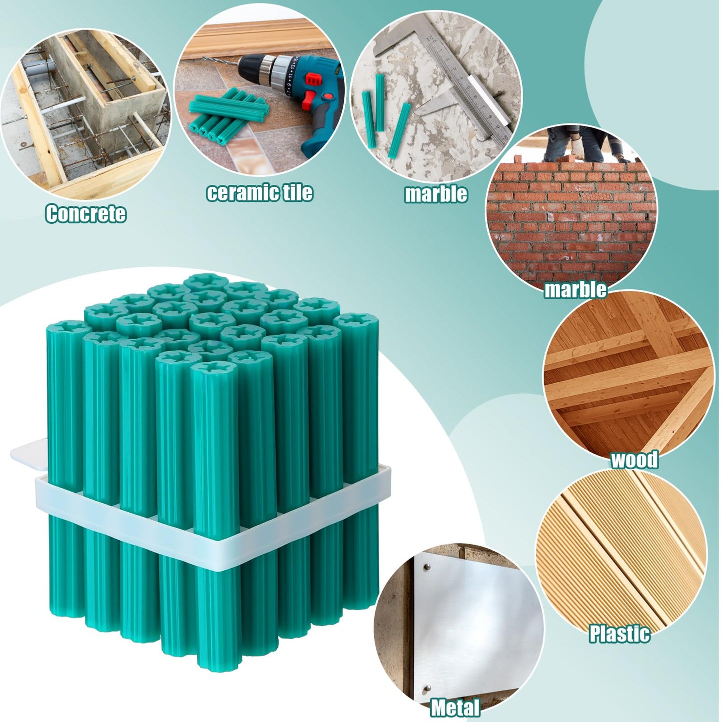 Lineshading 100 Pcs Expanding Plastic Concrete Anchors Screw Anchors Drywall Wall Expansion Pipe for Hollow Walls Tile Cement Bolt Expansion Tube(1/4" X 2" for #10,#11, or #12 Screws,Green)