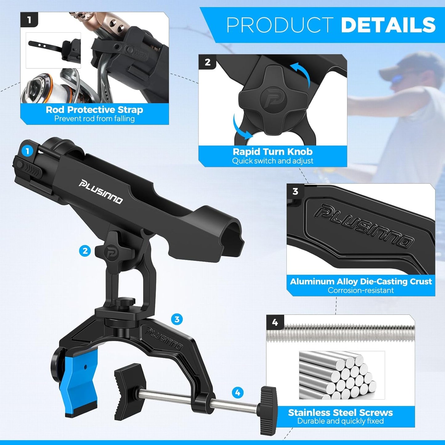 PLUSINNO Fishing Rod Holders - Innovative Dual-V Design with Enlarge Clamp | 1/2/4 Pack for Boat Use