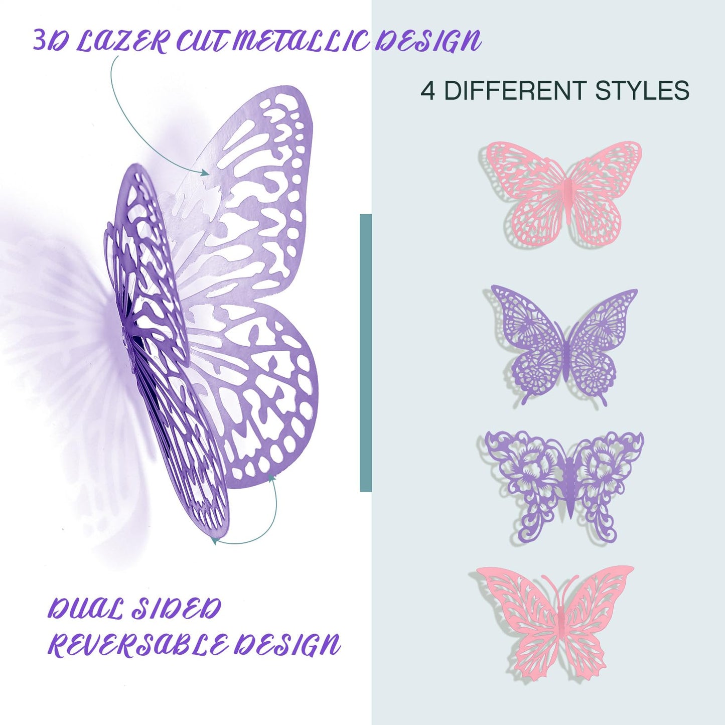 3D Gold Butterfly Wall Decor 3 Sizes 4 Styles Butterfly Party Decorations Cake Decorations Removable Stickers Wall Decor Room Mural Metallic Kids (Purple+Pink, 96Pcs)