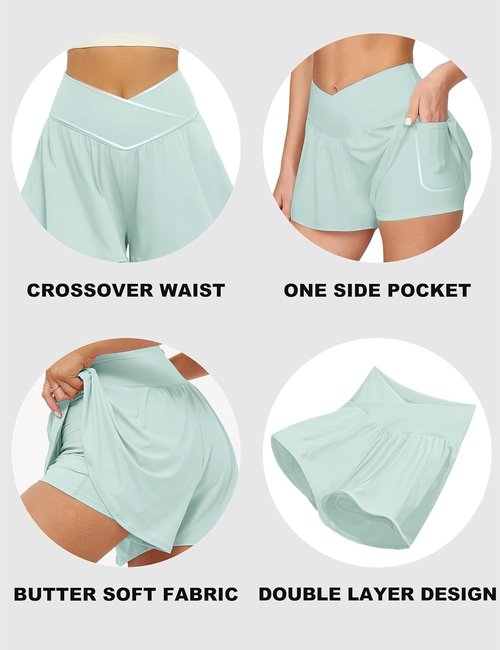 FireSwan Crossover Athletic Shorts - Women's 2-in-1 Flowy Running Shorts with Pockets | Spandex Butterfly Design