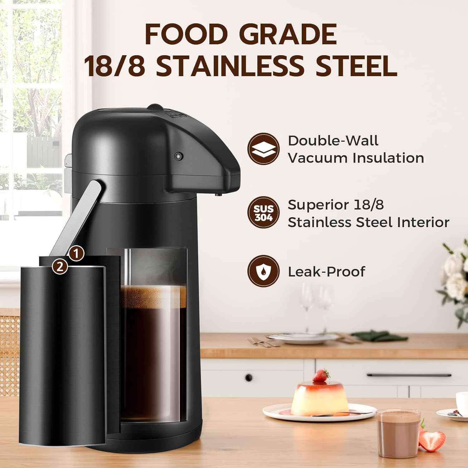 Large 102OZ Stainless Steel Coffee Carafe - Insulated Airpot Dispenser for Hot Drinks