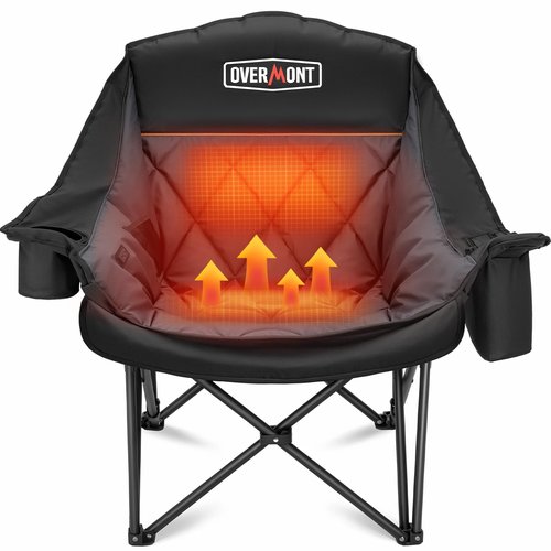 Overmont Gentle Heated Oversized Camping Chair for Adults - 3 Levels Seat & Back Separately Control - 400lbs Support Heavy Duty Padded Folding Chair Outdoor Garden Portable - Battery NOT Included