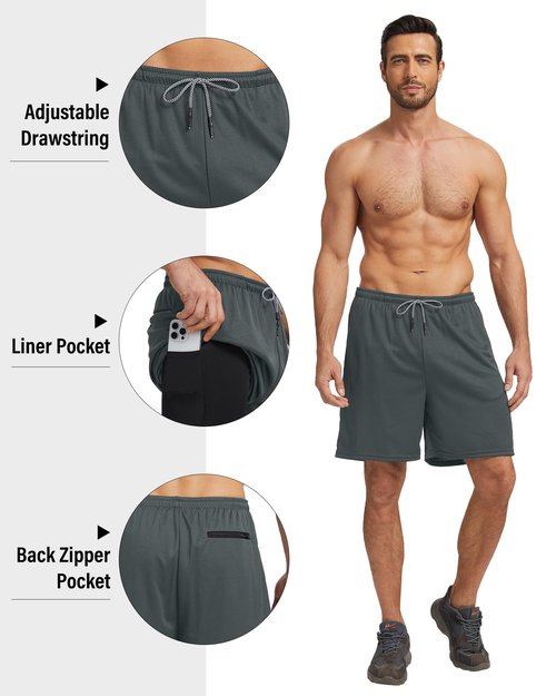 HOPLYNN 5 Pack Mens 2 in 1 Running Shorts with Liner, Quick Dry Workout Training Gym Athletic Sport Shorts with Pockets 2 Black 2 Gray 1 Blue X-Large
