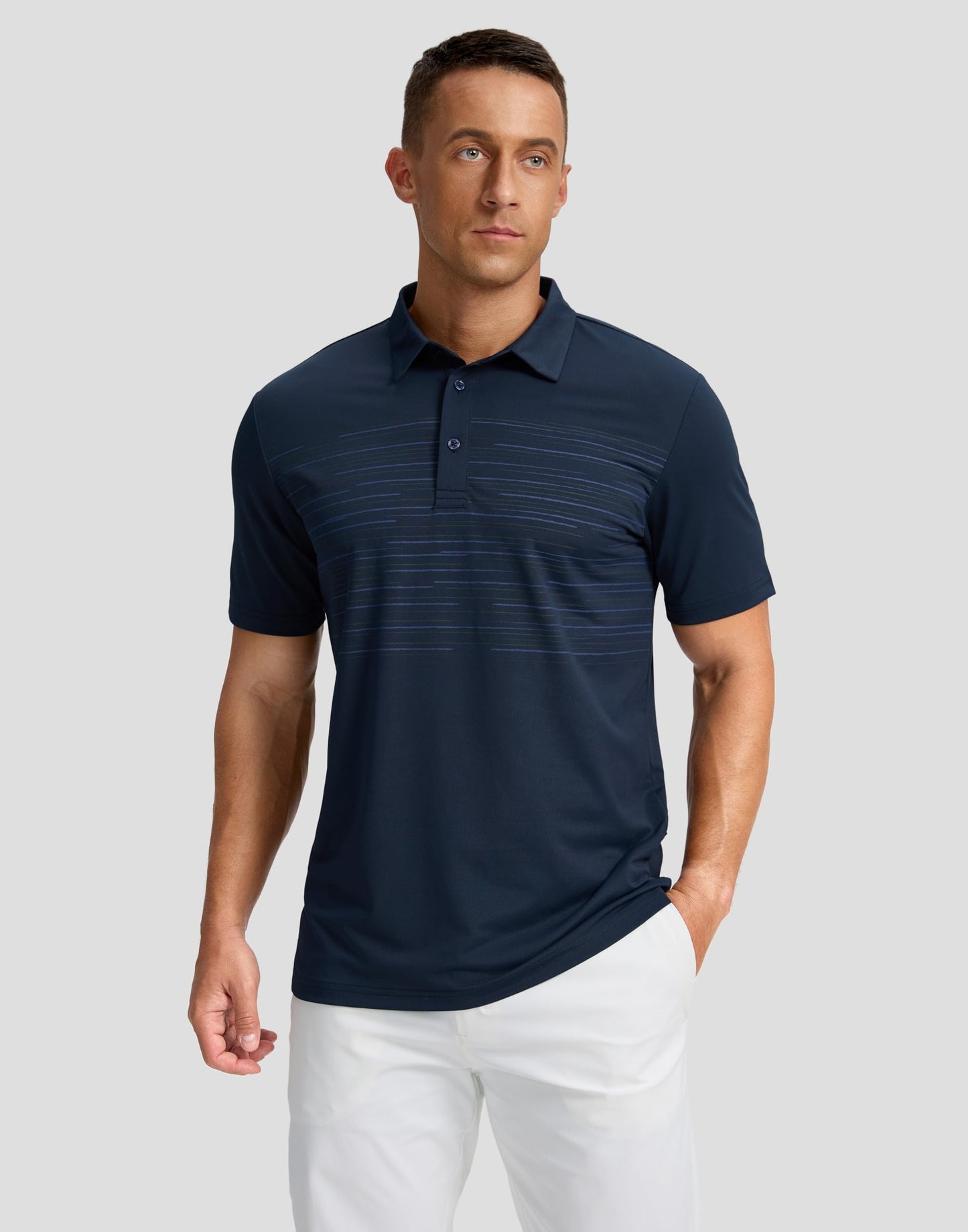 Men's Golf Shirts Dry Fit Moisture Wicking Performance Short Sleeve Collared Polo Shirts for Casual Tennis Bussiness (Navy Coloured Lines, M)