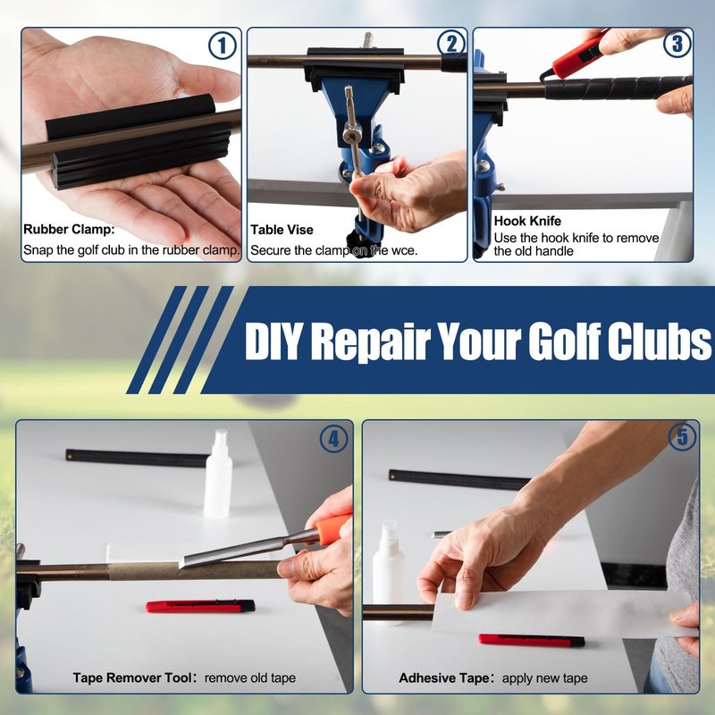 Golf Grip Repair Tabe Kit golf grip station Complete Regripping Tool: 360° Vise Clamp, Hook Blade, 15 Tapes, Rubber Sleeve with 8 Premium Tees for Home/Garage DIY Golfers Gifting