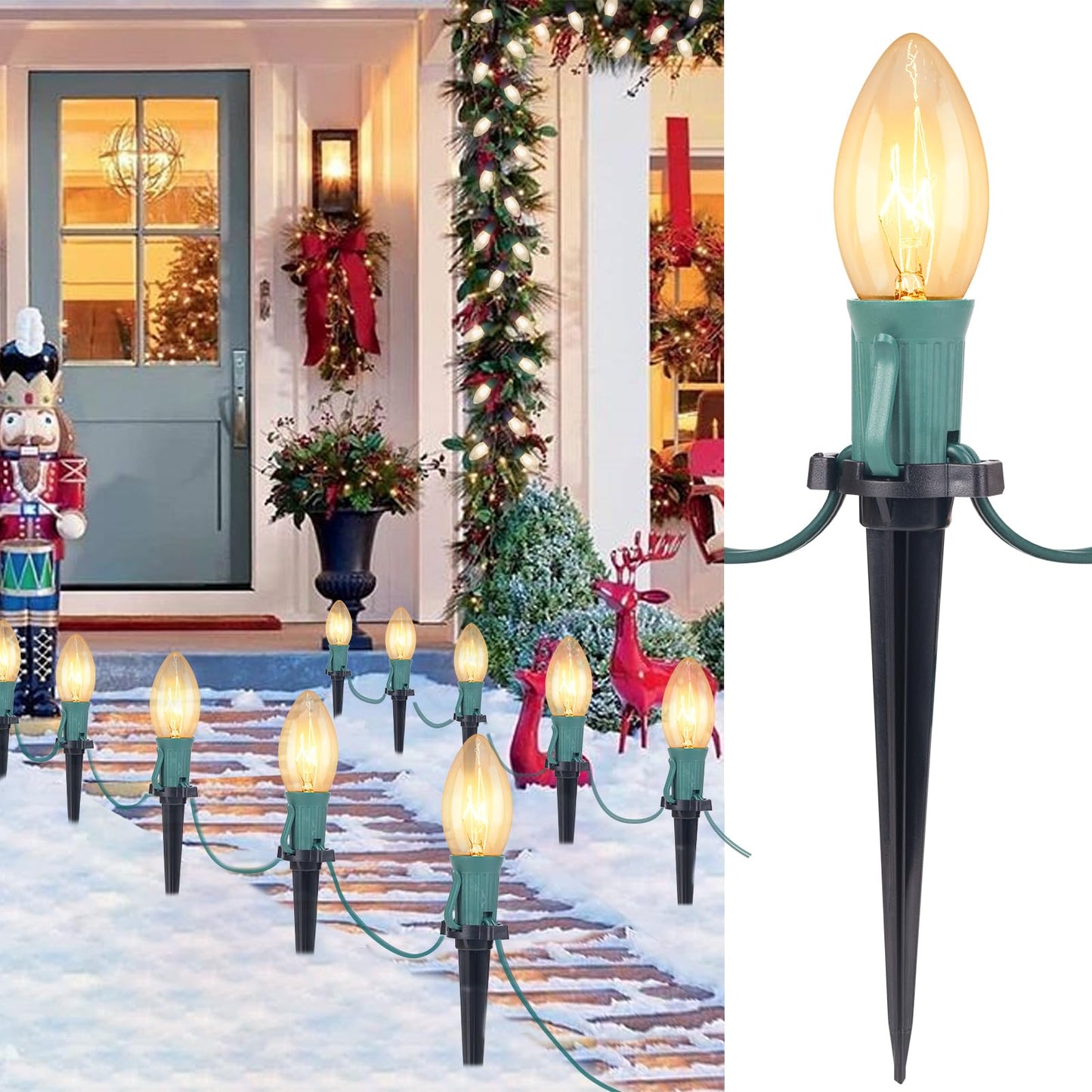 Brightown 4 Pack C9 Christmas Pathway Lights Outdoor - Total 102.8 FT C9 Walkway Lights with 80 Clear Bulbs, Connectable Christmas Light Outdoor Decoration for Lawn Holiday, Warm White