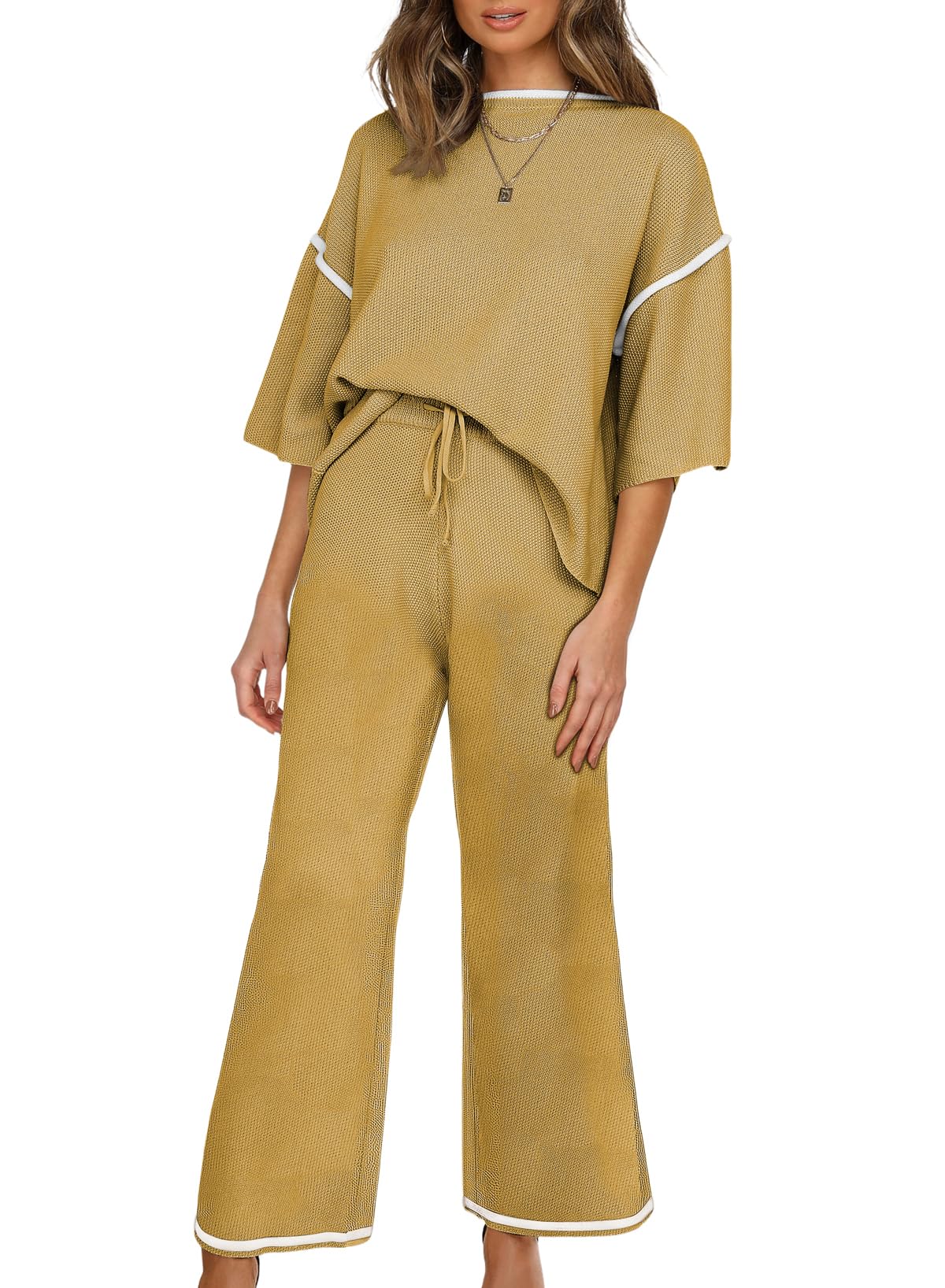 SHEWIN Two 2 Piece Lounge Sets for Women Casual Short Sleeve Knit Sweater Tops Matching Wide Leg Pants Loose fit Loungewear Tracksuit Set Womens Clothing Yellow S