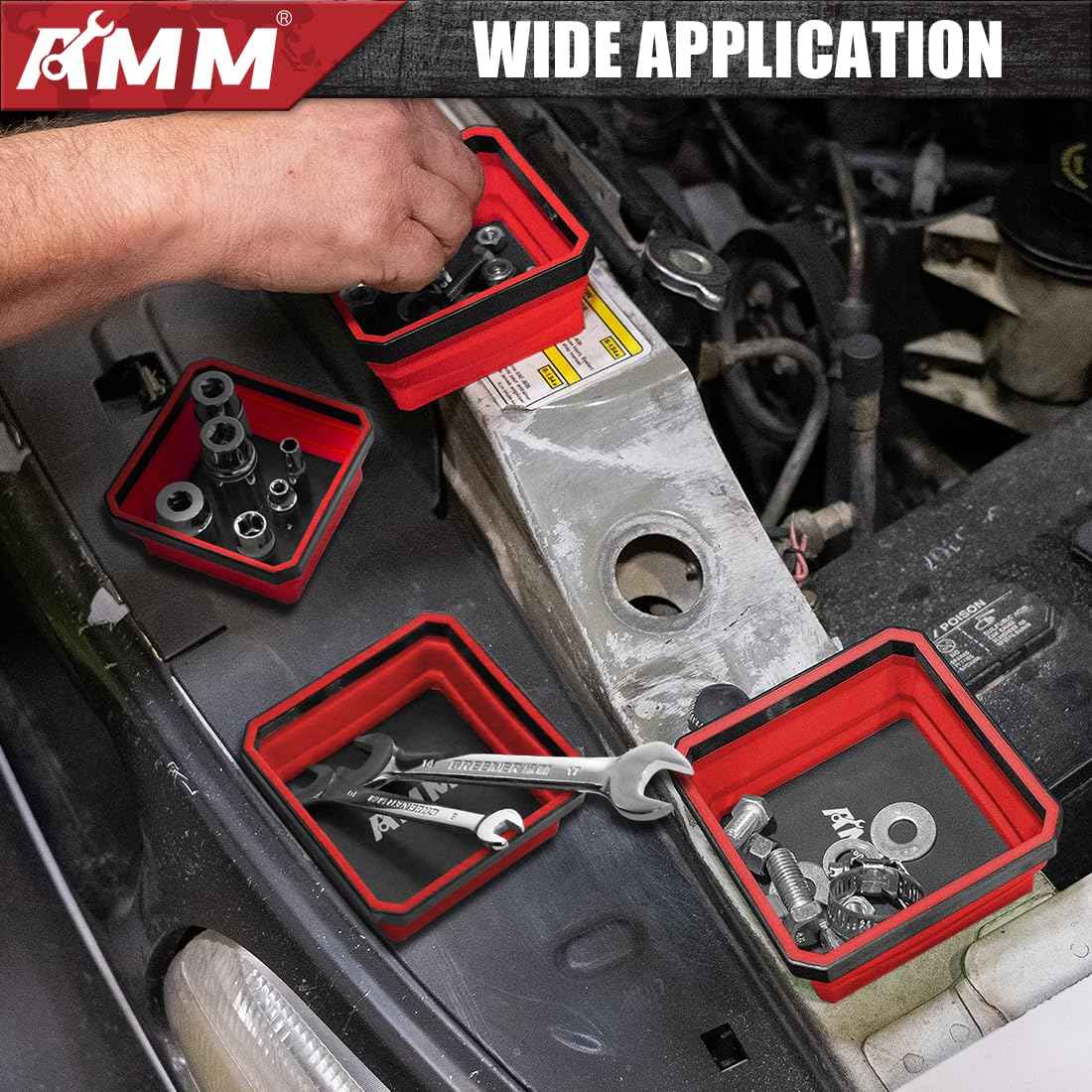 AMM Magnetic Tray, 4 PC Foldable Magnetic Tool Tray Set for Bolts Screws Nuts & Small Metal Parts, Mechanic Tool Present for Men, 4.5 Inch Square (4PC, Red)