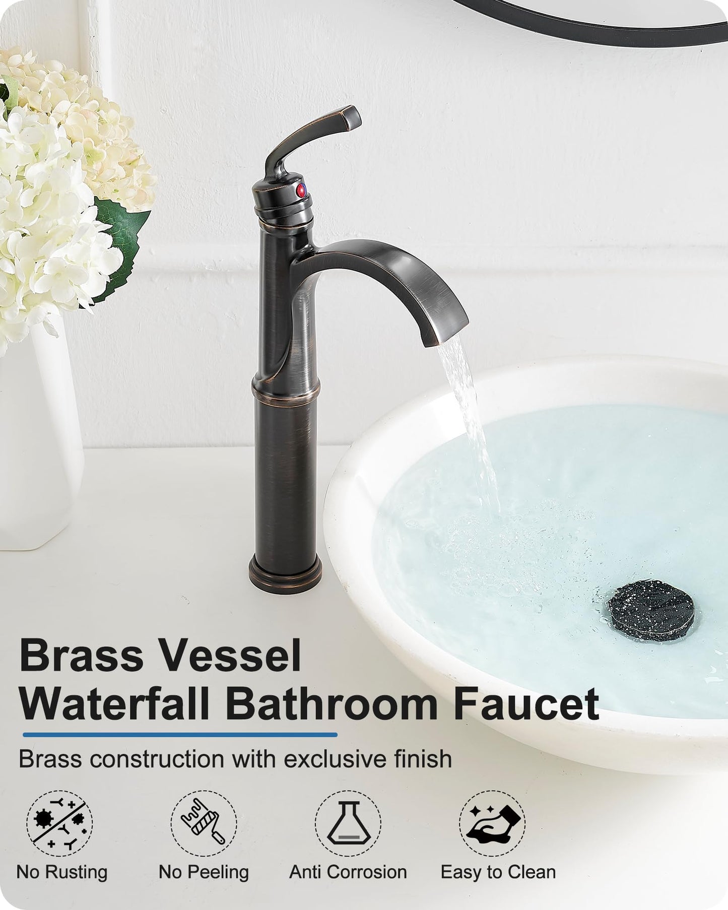 HEYMYTAP Vessel Sink Faucet, Oil Rubbed Bronze Waterfall Bathroom Sink Faucets, Brass Tall Bathroom Faucet Vanity Faucet 1 Hole Restroom Faucet Single Handle with Pop-up Drain Supply Hose
