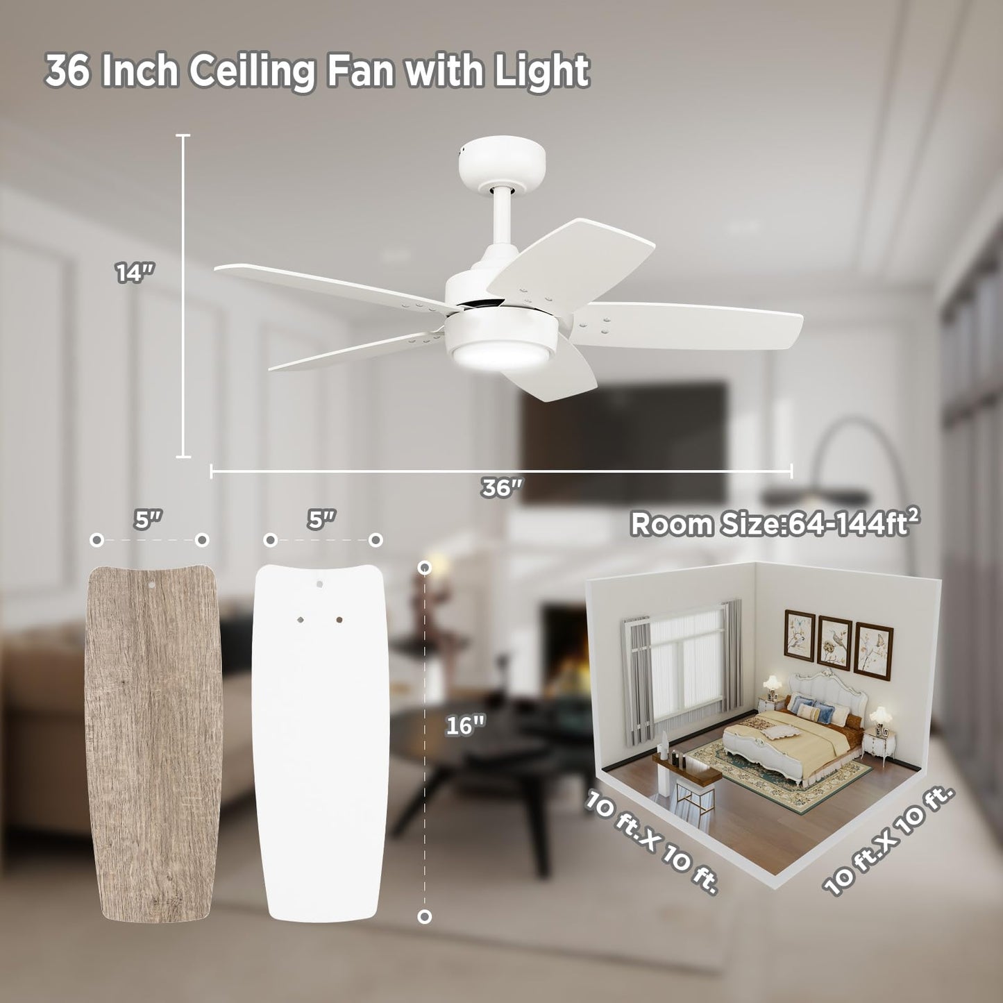 Vagizm Ceiling Fan 36'' for Small Room: Matte White Modern Fans with Light Remote Control - Reversible Quiet DC Motor Dimmable with 6 Speeds for Dorm Room Bedroom Indoor Outdoor Use
