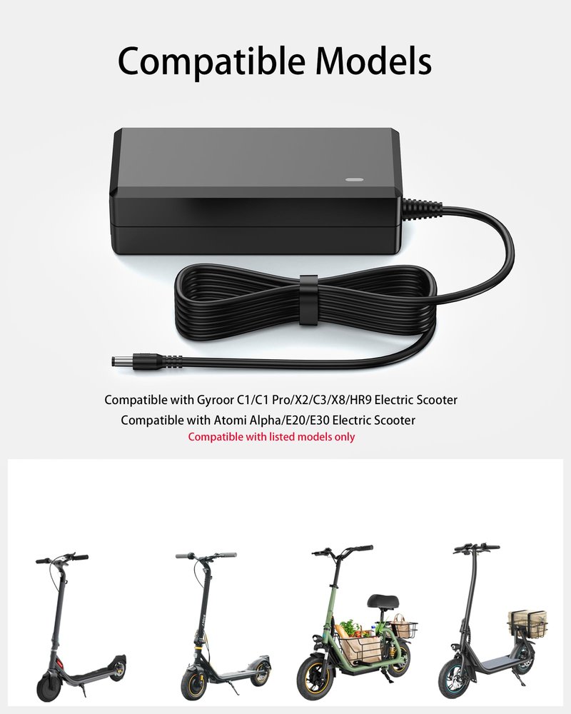 VHBW 42V for Gyroor Electric Scooter Charger Compatible with Gyroor X8/HR9/C1/C1PRO/C3/X2/C1S, Atomi Alpha/E20/E30，36V Lithium Battery, 2A Power Supply Adapter (Not for Turbo-1)