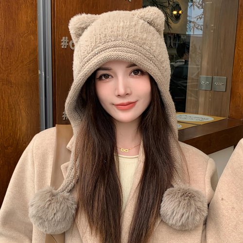 HUAMULAN Women Winter Sherpa Beanie Hats Knit Ear Flaps Peruvian Cover Ears Fleece Lined Ski Snow Hat Pompoms