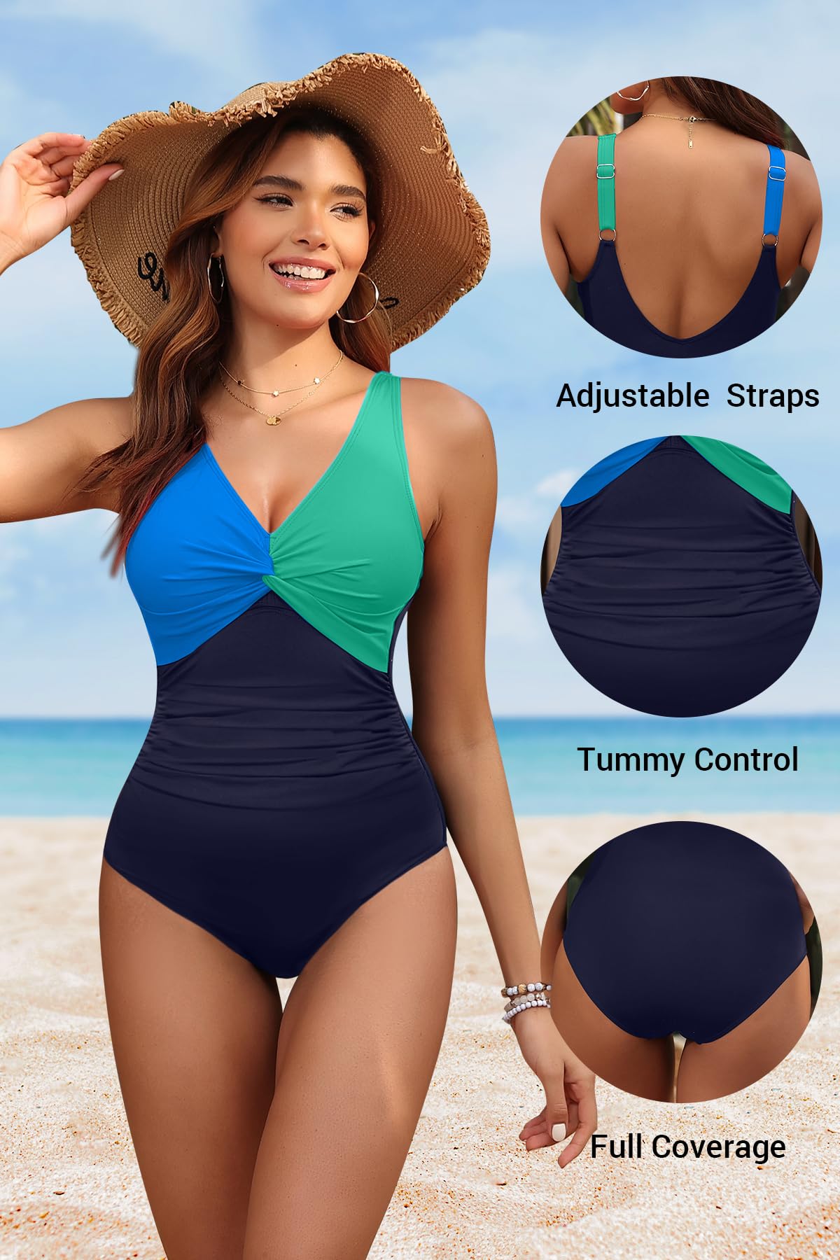 Holipick Blue Green Block Women Tummy Control One Piece Swimsuit - Push Up Bathing Suit Full Coverage Slimming Swimwear XXL